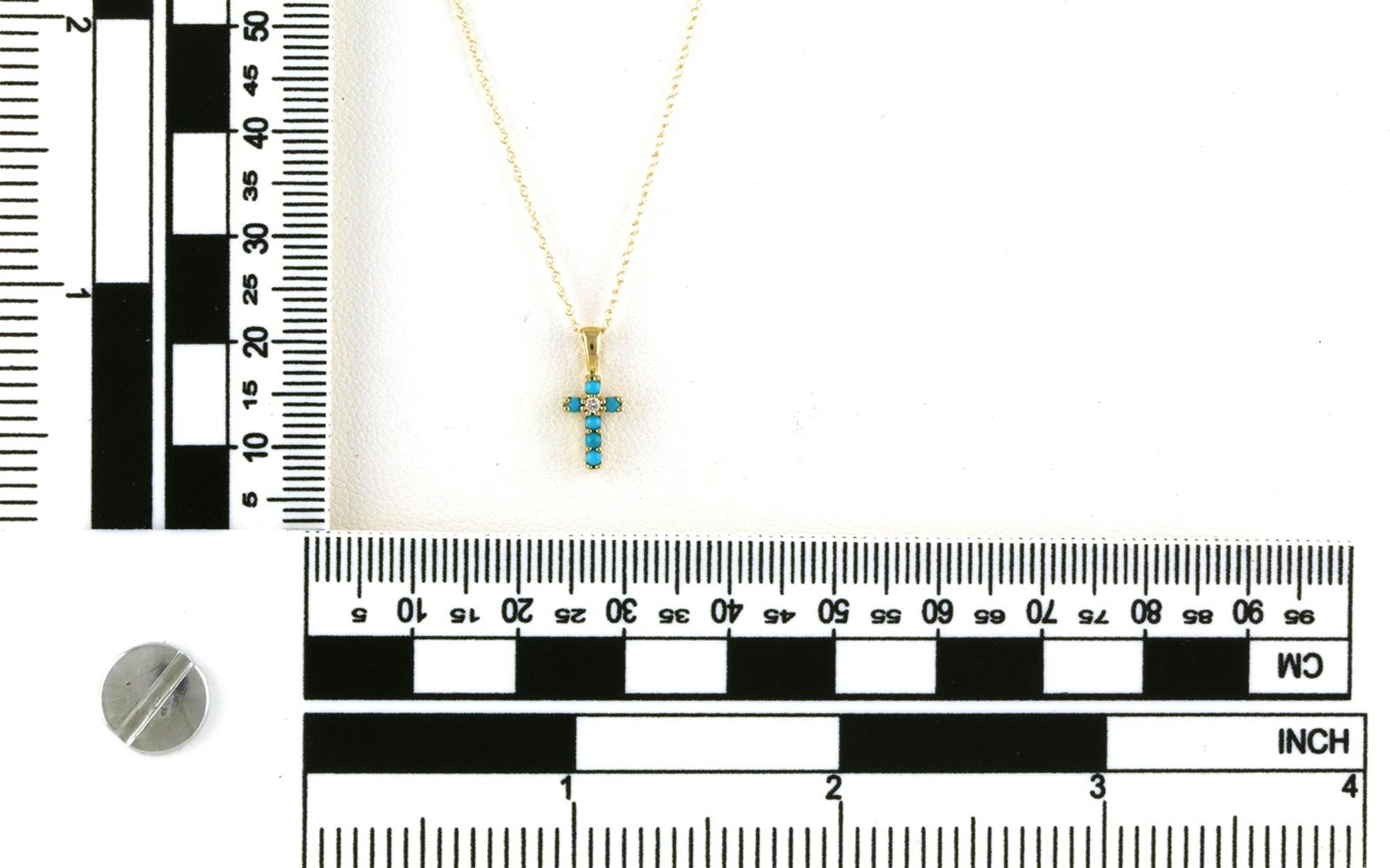 Petite Turquoise and Diamond Cross Necklace in Yellow Gold  scale