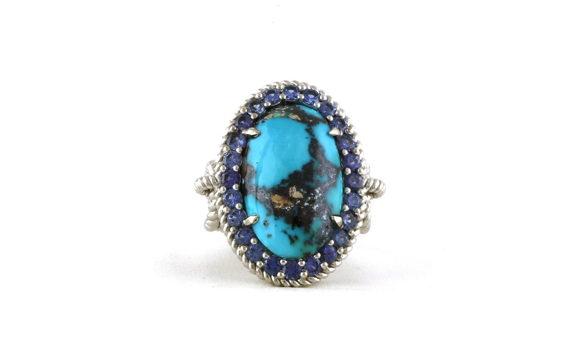 Rope Detail Split Shank Turquoise and Montana Yogo Sapphire Ring in White Gold (1.70cts TWT)