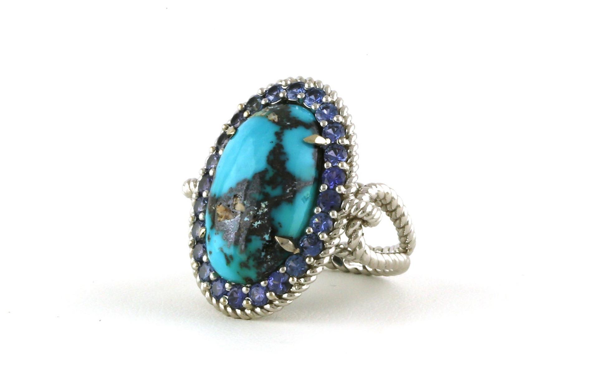 Rope Detail Split Shank Turquoise and Montana Yogo Sapphire Ring in White Gold (1.70cts TWT) Side View