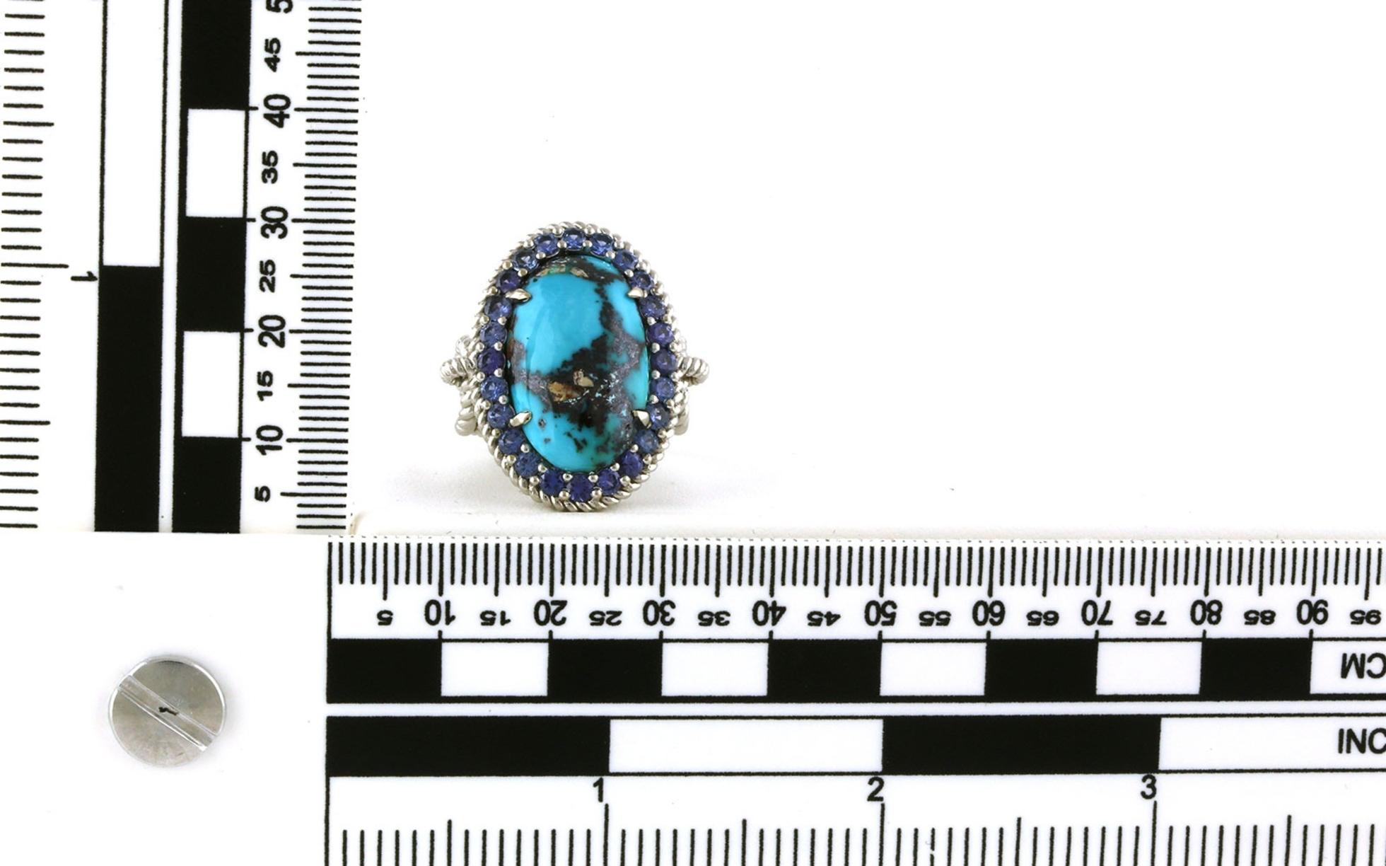 Rope Detail Split Shank Turquoise and Montana Yogo Sapphire Ring in White Gold (1.70cts TWT) scale