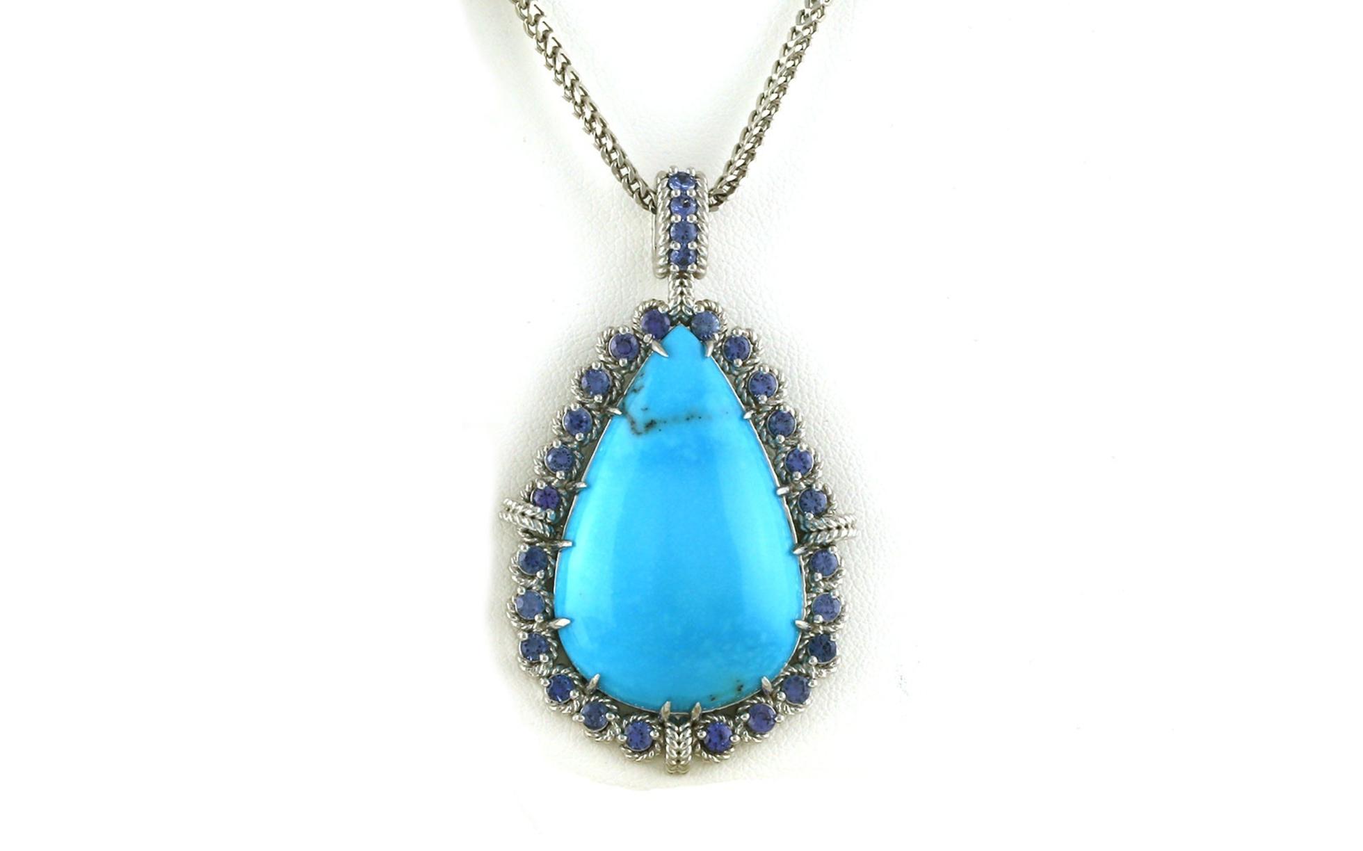 Rope Detail Drop Turquoise with Montana Yogo Sapphire Halo Necklace in White Gold (1.95cts TWT)