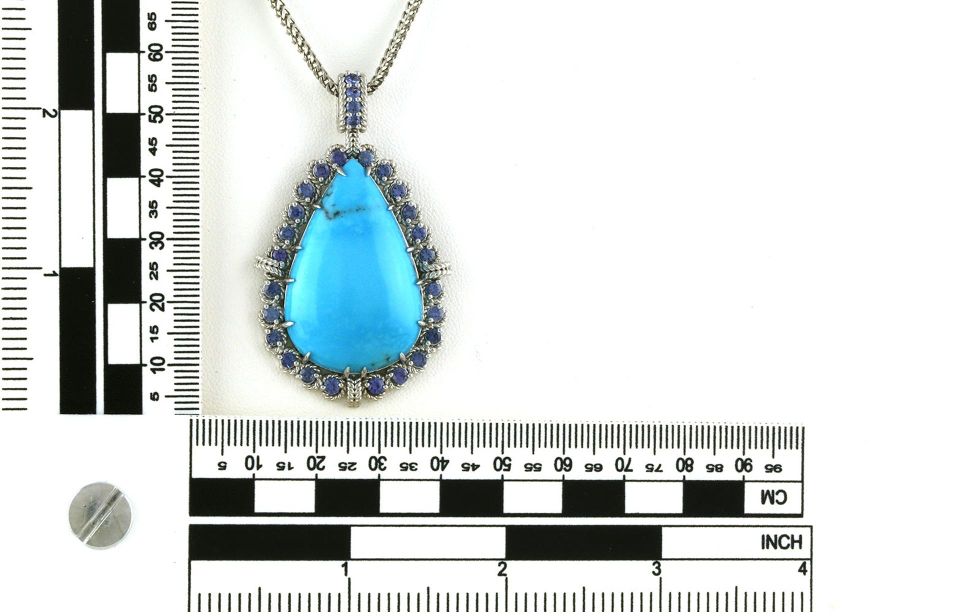 Rope Detail Drop Turquoise with Montana Yogo Sapphire Halo Necklace in White Gold (1.95cts TWT) scale