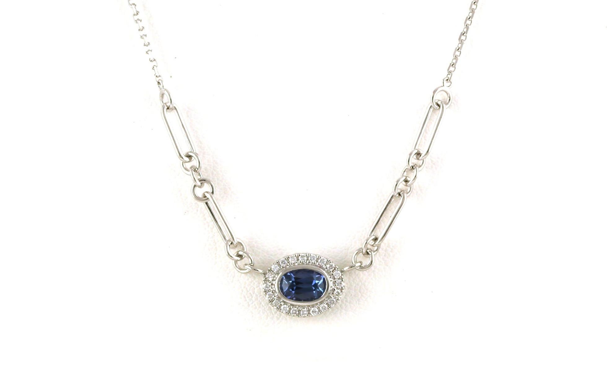 Landscape-set Split Chain Halo-style Montana Yogo Sapphire and Diamond Necklace in White Gold (0.68cts TWT)