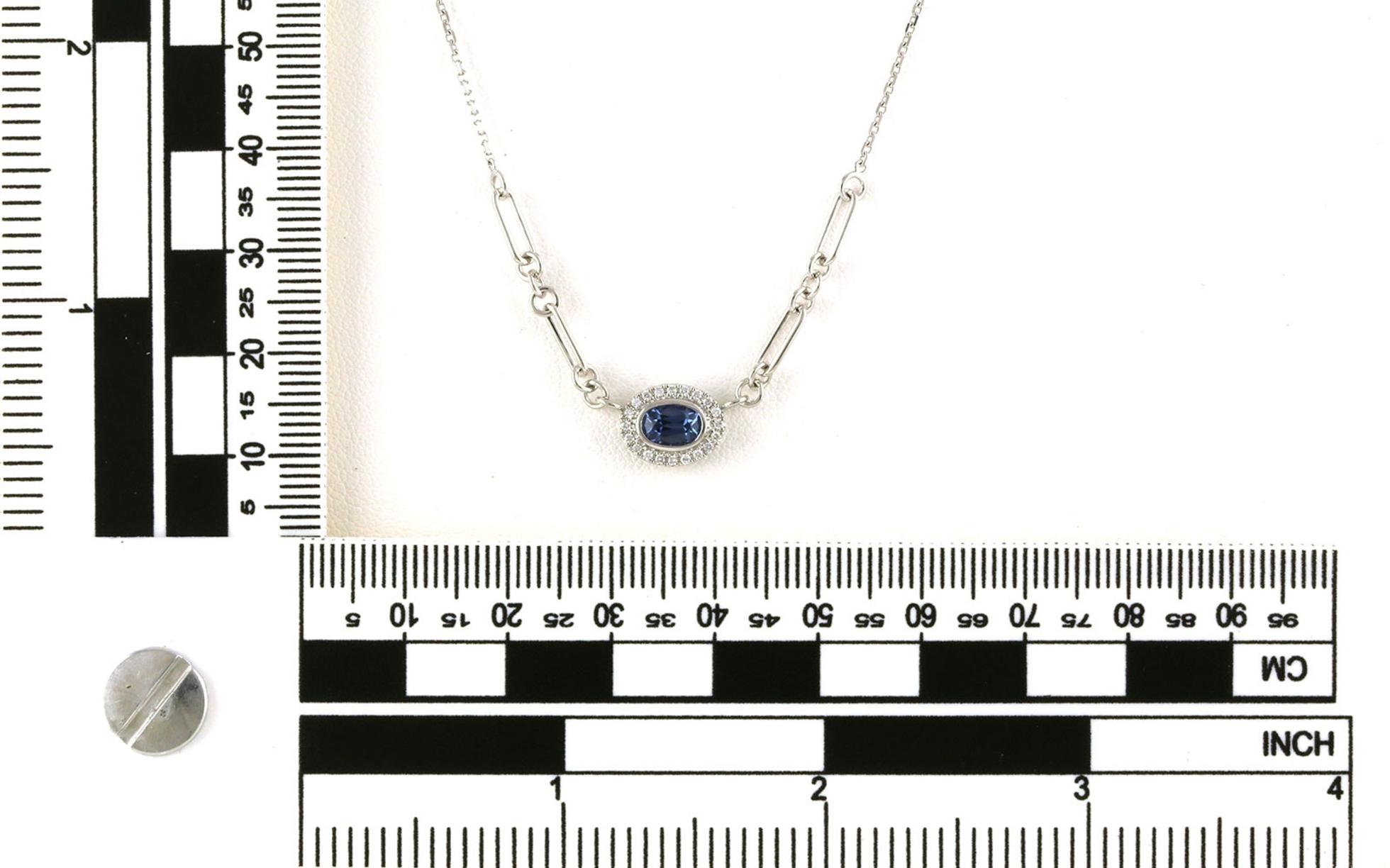 Landscape-set Split Chain Halo-style Montana Yogo Sapphire and Diamond Necklace in White Gold (0.68cts TWT) scale