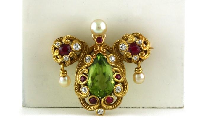 content/products/Estate Piece: Art Noveau Peridot, Ruby, Pearl, and Diamond Pin/Brooch in Yellow Gold 