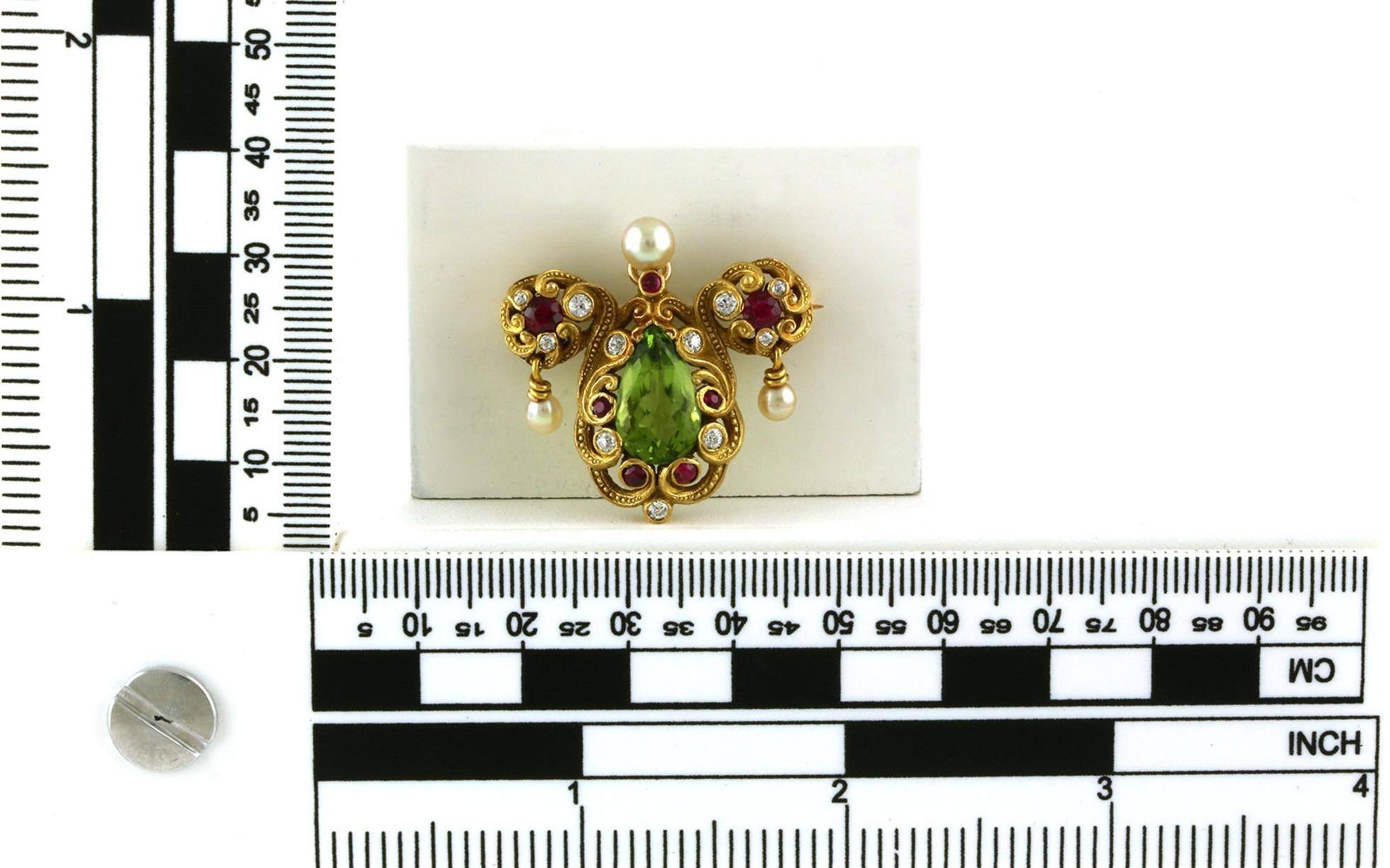 Estate Piece: Art Noveau Peridot, Ruby, Pearl, and Diamond Pin/Brooch in Yellow Gold scale