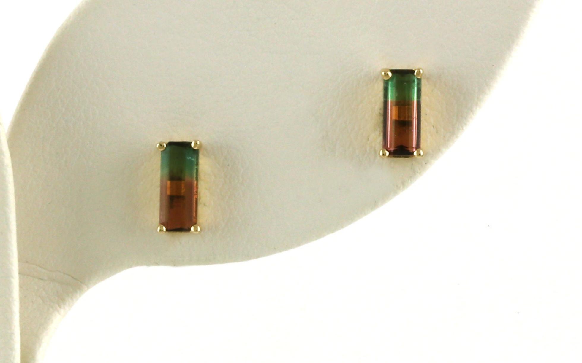 Baguette-cut Watermelon Tourmaline Stud Earrings in Yellow Gold (0.93cts TWT)