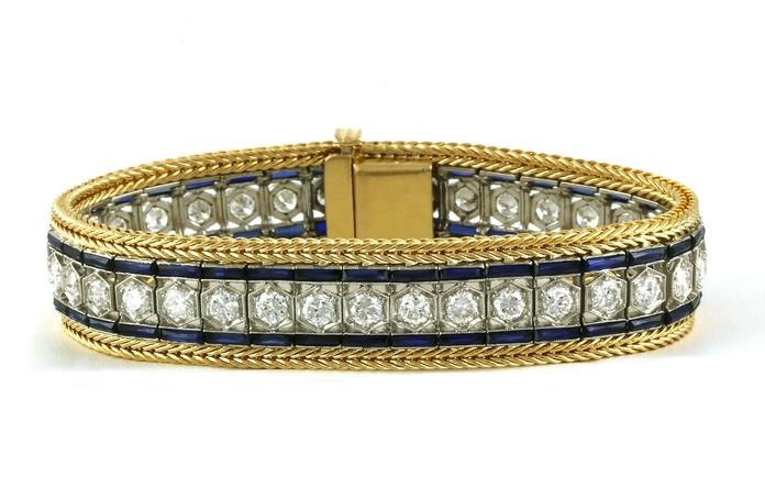 content/products/Estate Piece: Wide Woven Art Deco Sapphire and Diamond Line Bracelet in Yellow Gold (8.00cts TWT)