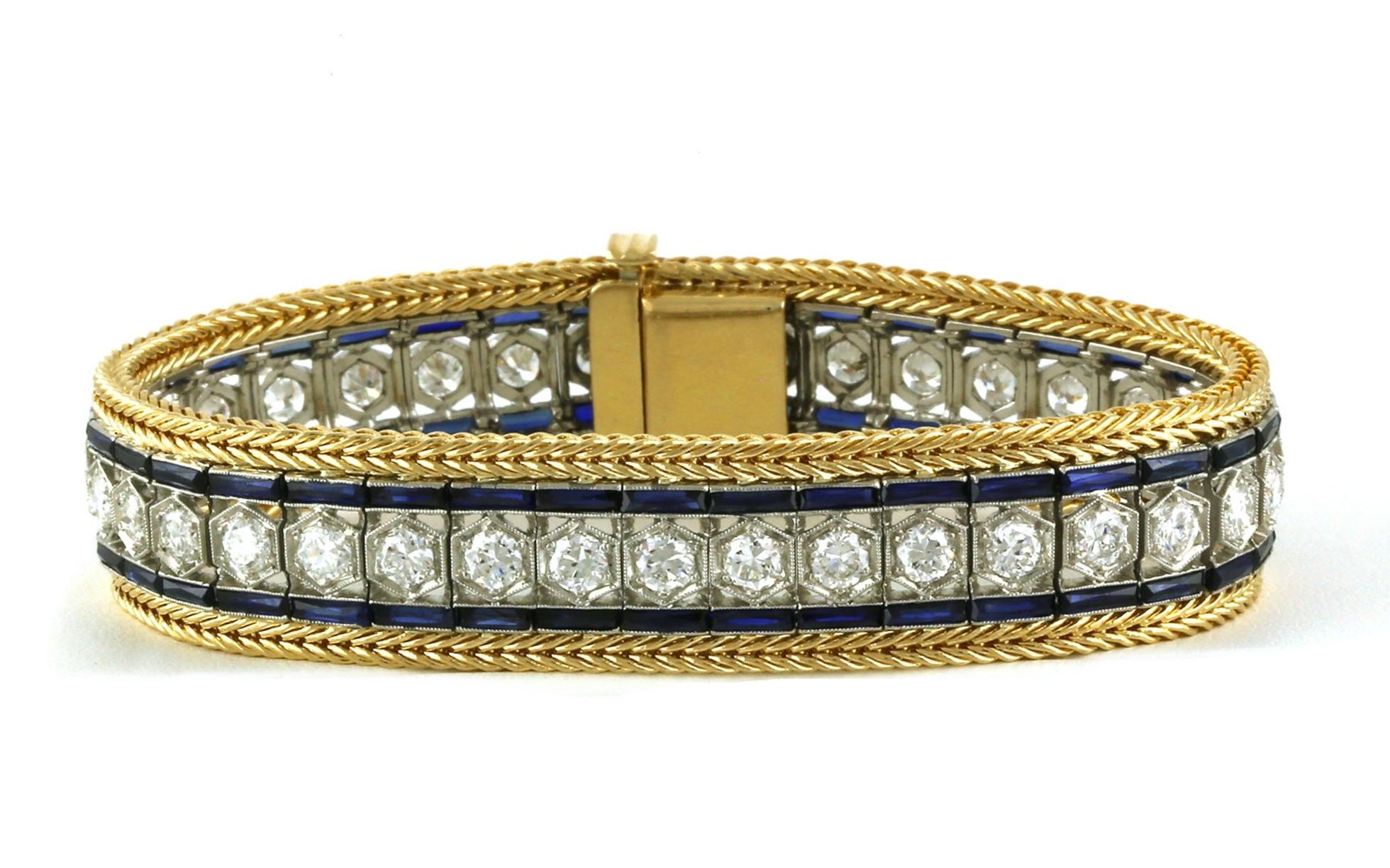 Estate Piece: Wide Woven Art Deco Sapphire and Diamond Line Bracelet in Yellow Gold (8.00cts TWT)