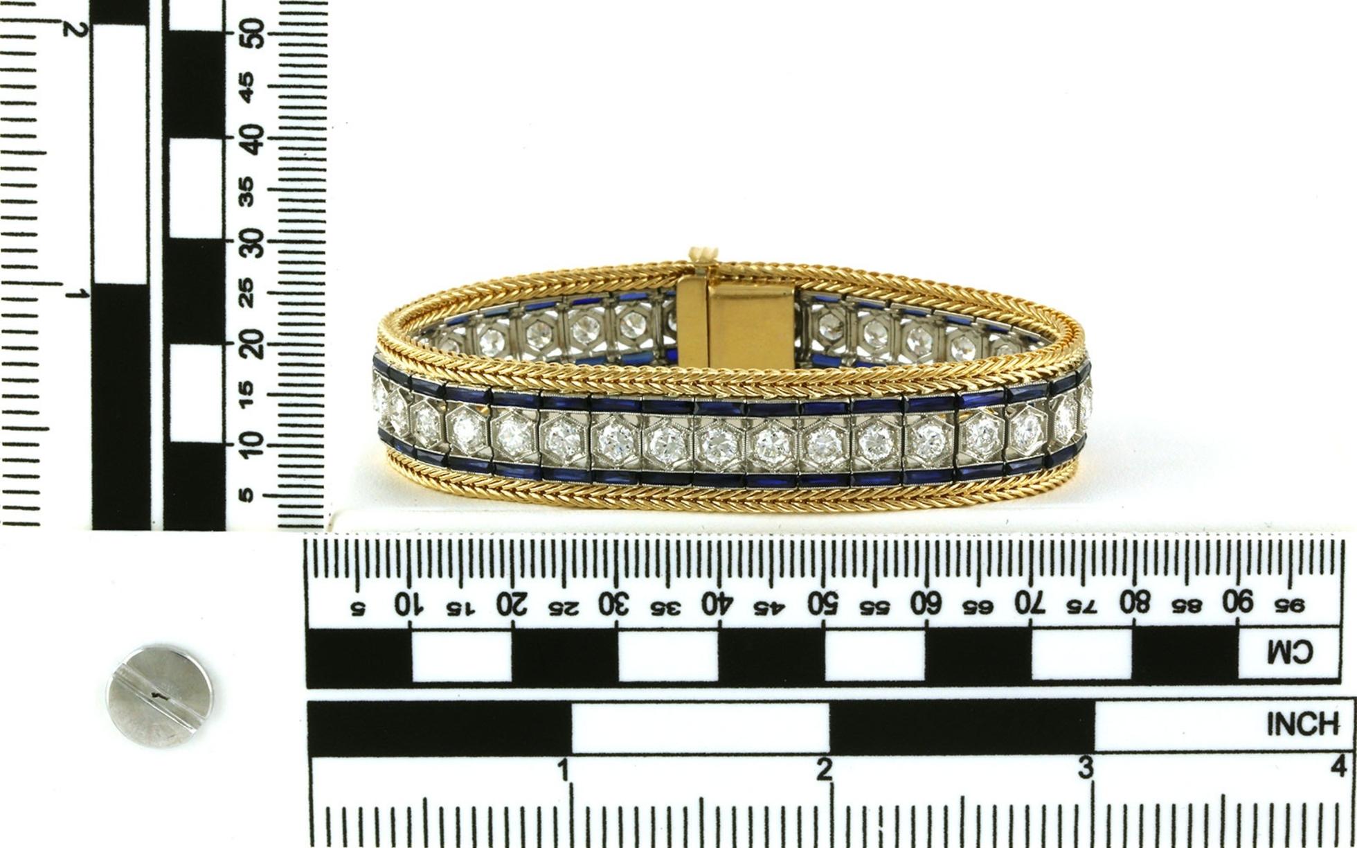 Estate Piece: Wide Woven Art Deco Sapphire and Diamond Line Bracelet in Yellow Gold (8.00cts TWT) scale