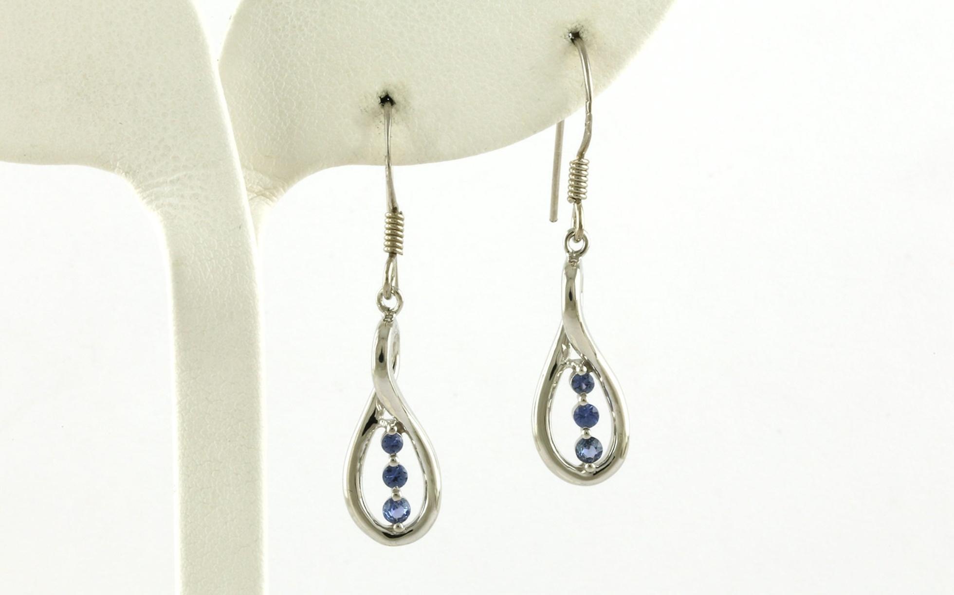 3-Stone Teardrop Twist Montana Yogo Sapphire Dangle Earrings in Sterling Silver (0.38cts TWT)