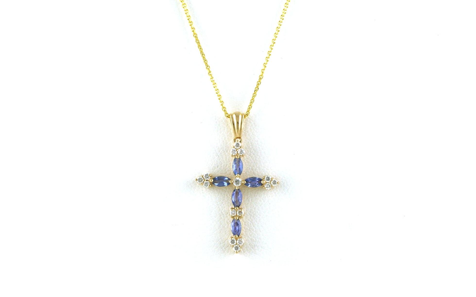 Alternating Marquise-cut Montana Yogo Sapphire and Diamond Cross Necklace in Yellow Gold (0.58cts TWT)