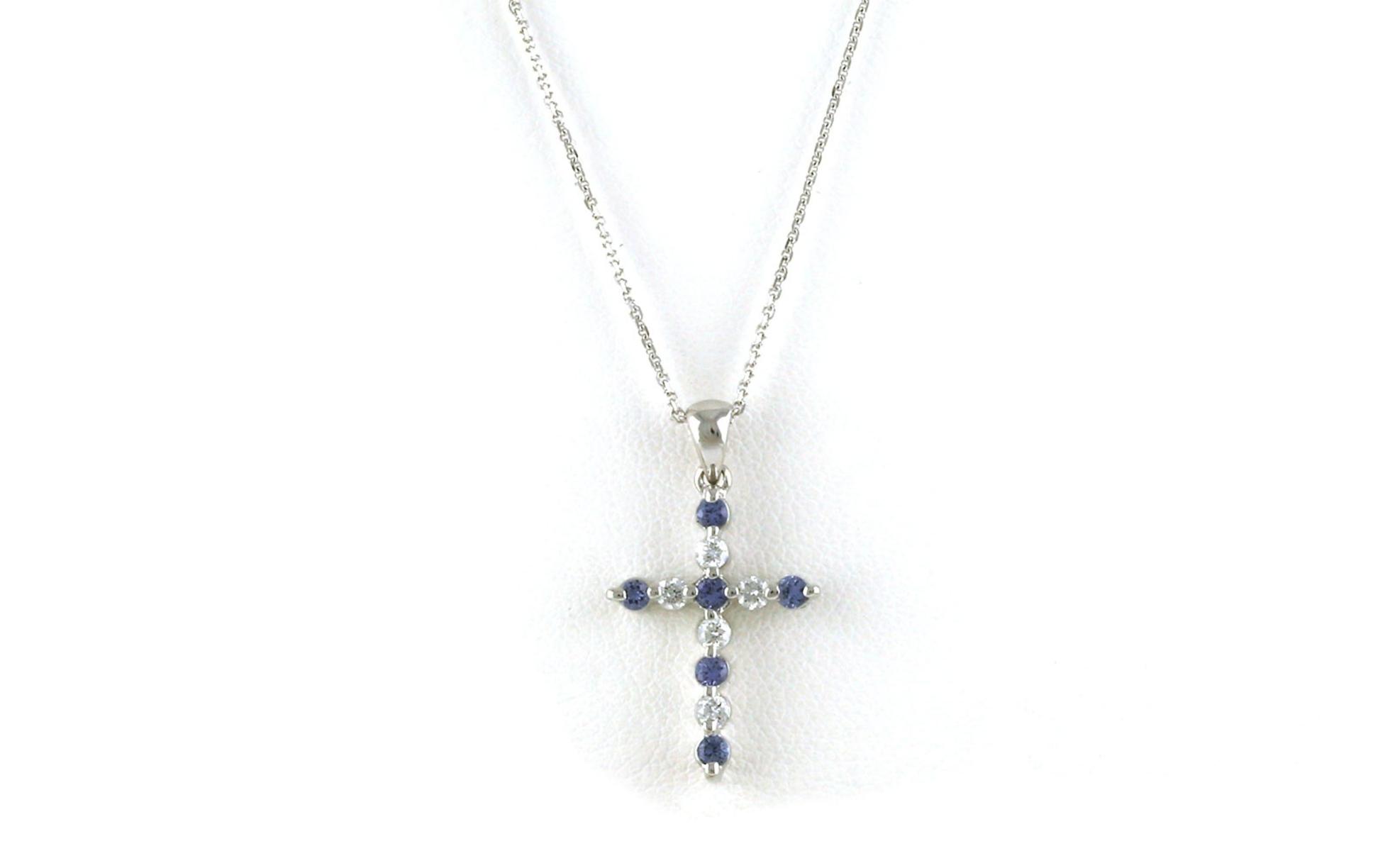 Alternating Montana Yogo Sapphire and Diamond Cross Necklace in White Gold (0.34cts TWT)