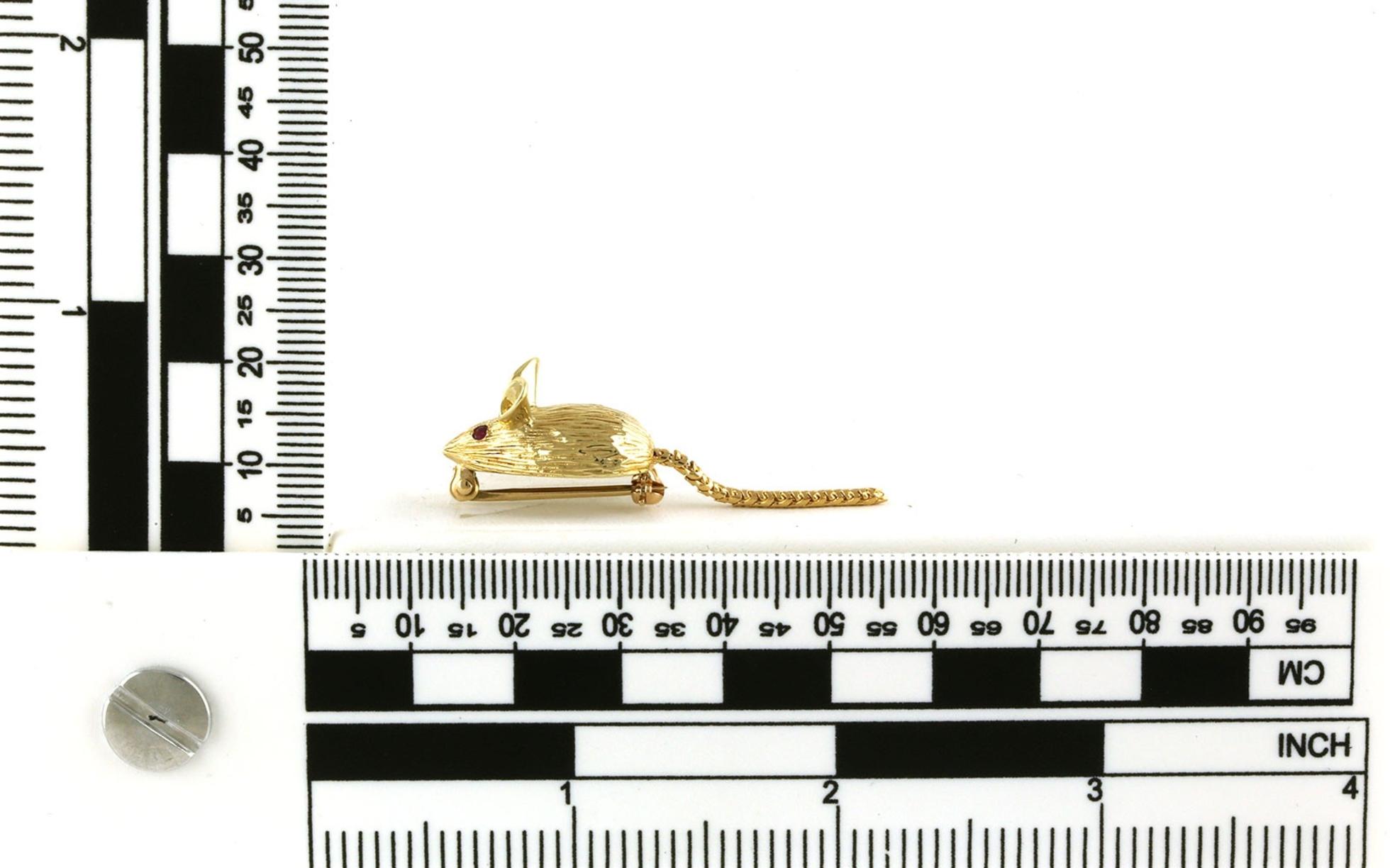 Estate Piece: Mouse Pin with Movable Tail and Ruby Eye in Yellow Gold