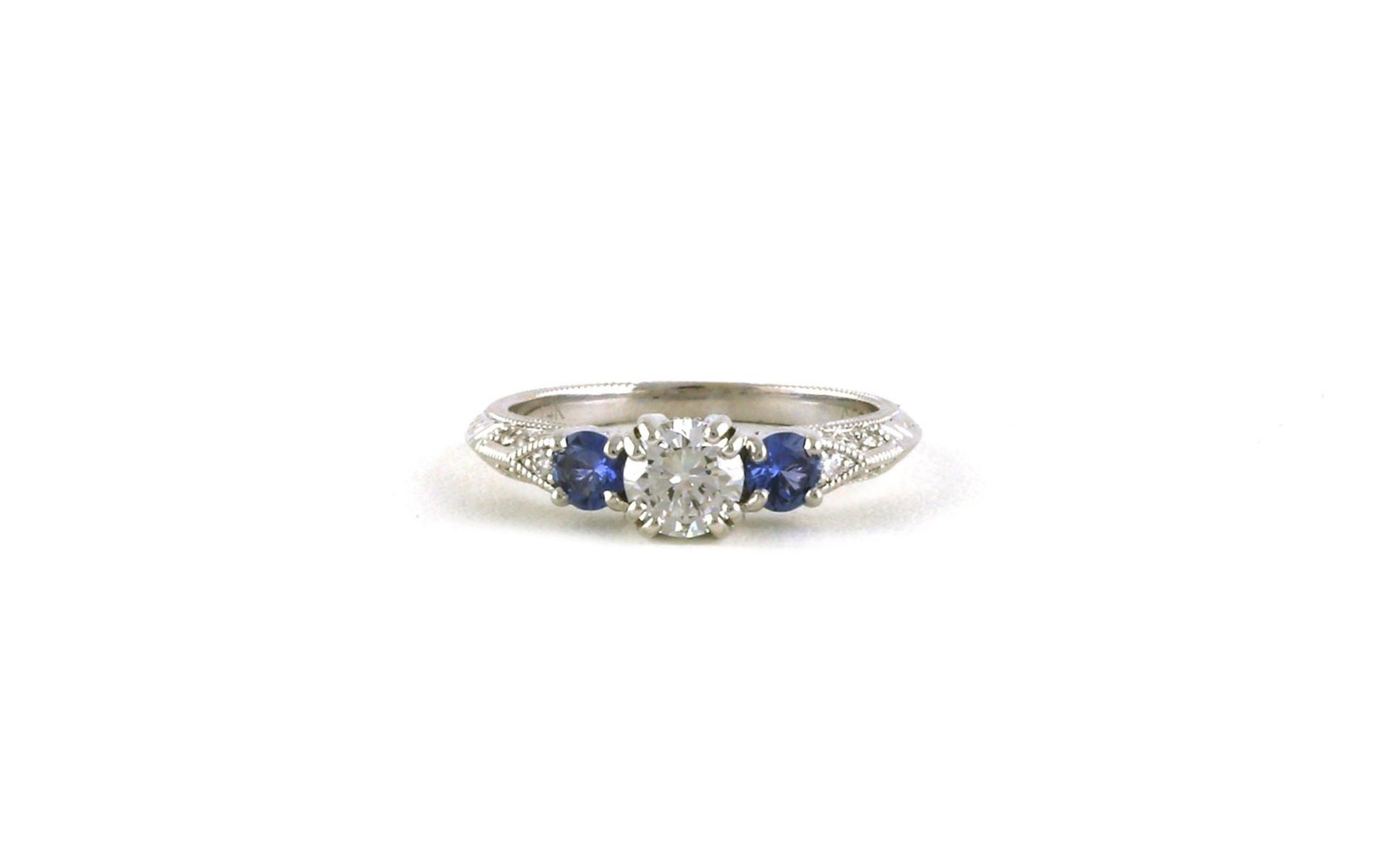 3-Stone Style Diamond and Montana Yogo Sapphire Ring with Pave Diamond Hand Engraved Shank  (1.00ct TWT)