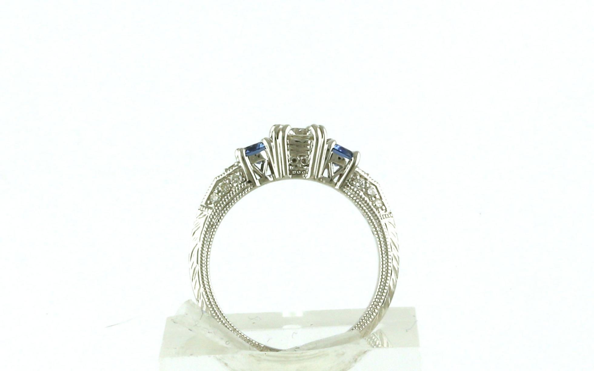 3-Stone Style Diamond and Montana Yogo Sapphire Ring with Pave Diamond Hand Engraved Shank  (1.00ct TWT) scale