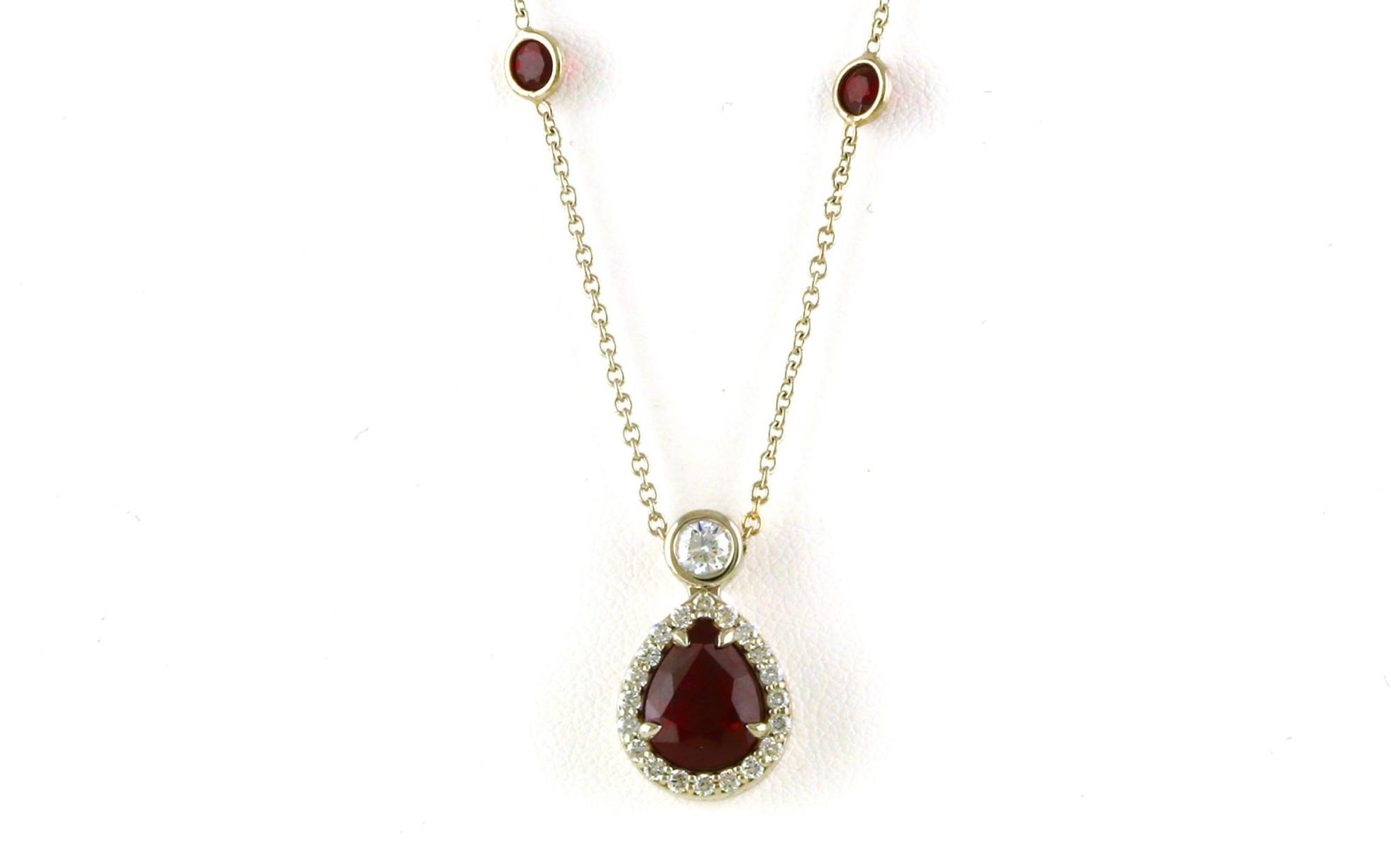 Drop Halo-style Pear-cut Ruby and Diamond Necklace in White Gold (3.1cts TWT)