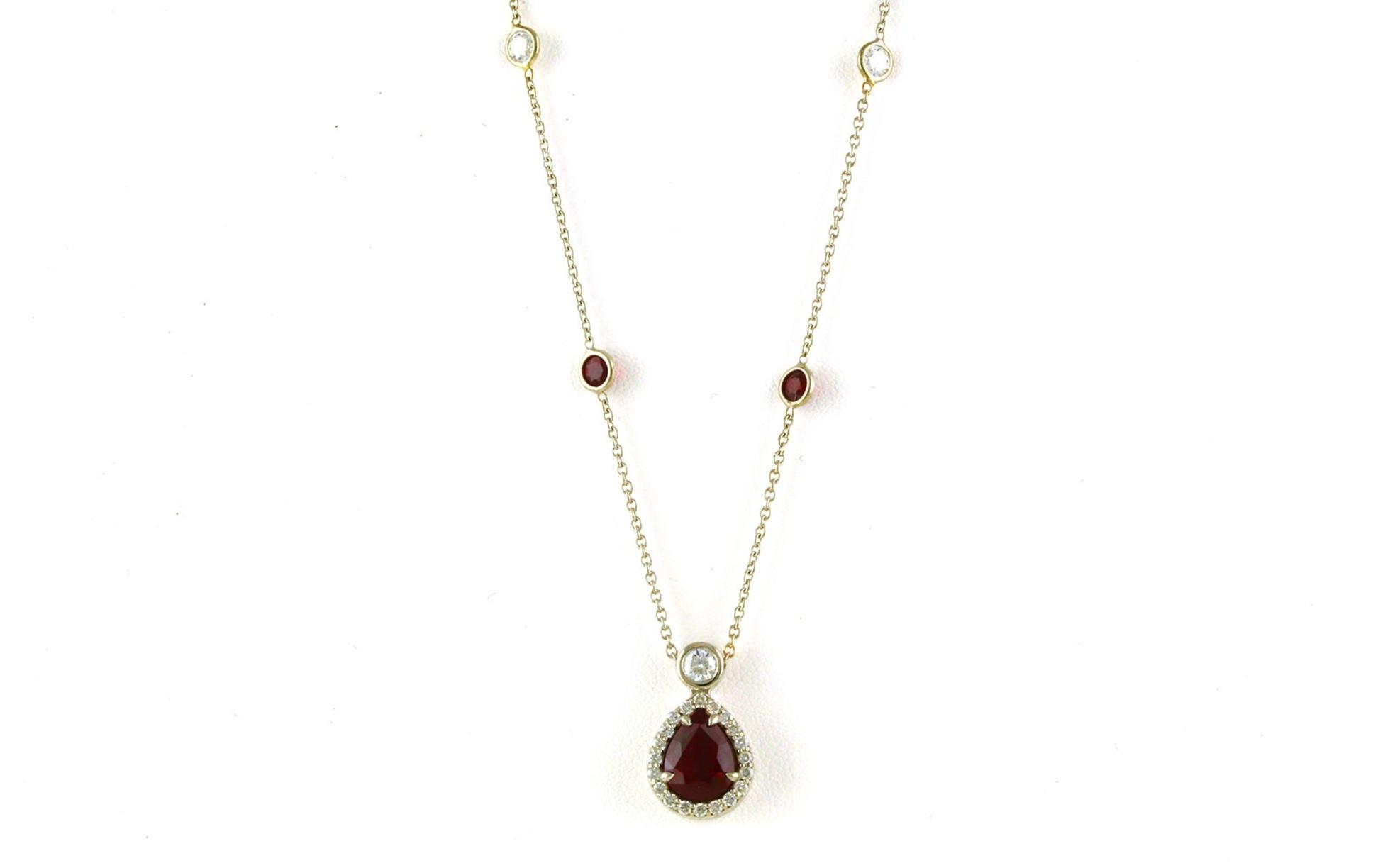 Drop Halo-style Pear-cut Ruby and Diamond Necklace in White Gold (3.1cts TWT) Scale