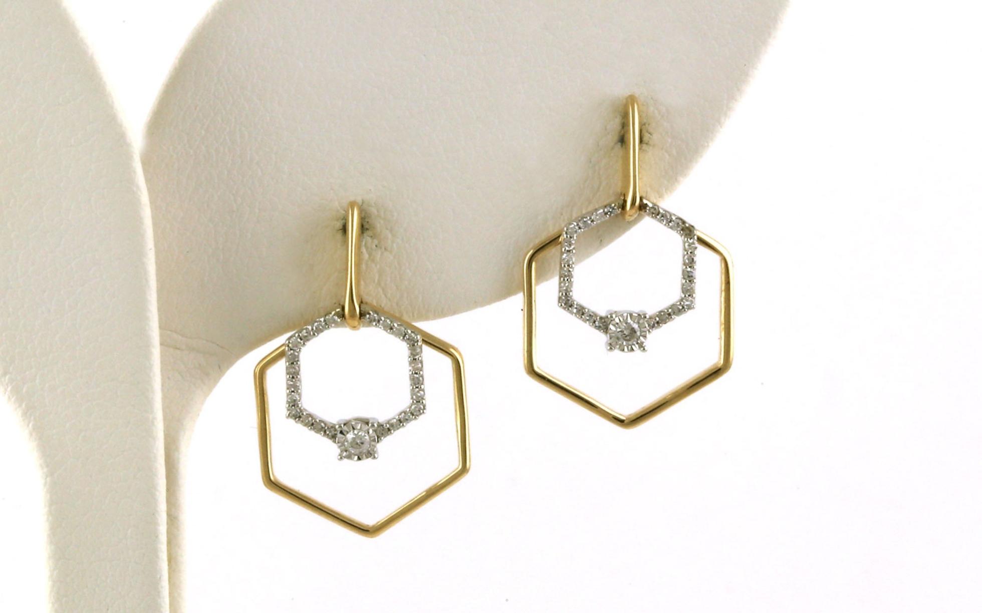 Double Hexagon Diamond Stud Dangle Earrings in Two-Tone Yellow & White Gold (0.14cts TWT)