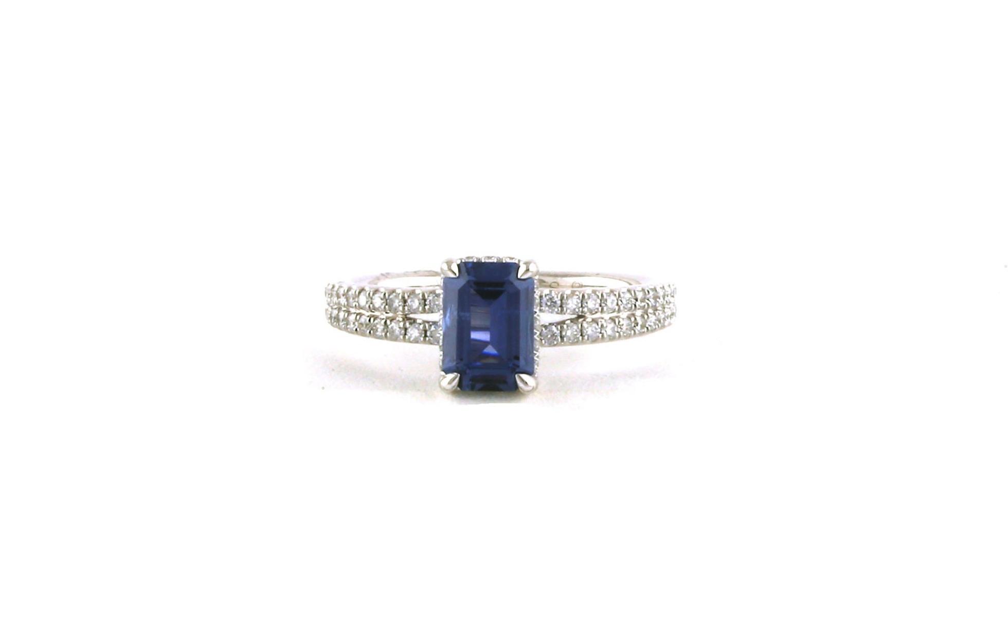 4-Prong Double Pave Shank Emerald-Cut Montana Yogo Sapphire Ring in White Gold (1.55cts TWT)