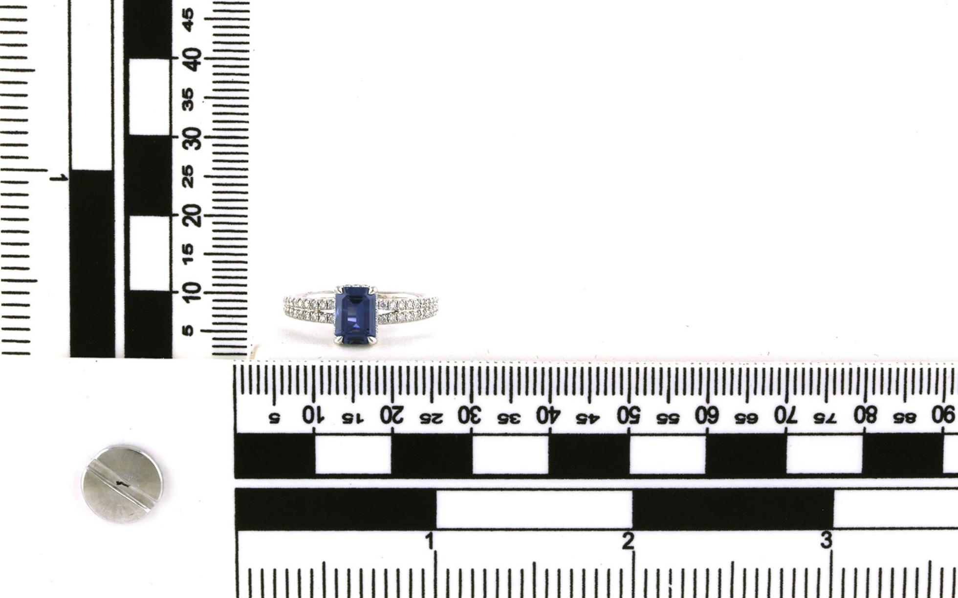 4-Prong Double Pave Shank Emerald-Cut Montana Yogo Sapphire Ring in White Gold (1.55cts TWT) - Scale