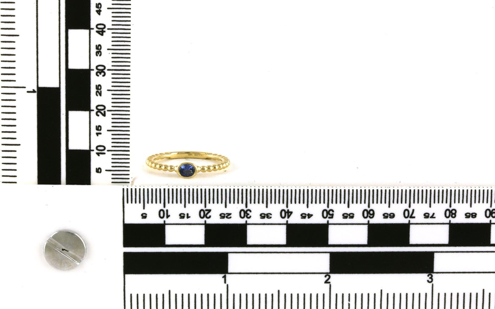 Horizontal Bezel-Set Oval-Cut Montana Yogo Sapphire Ring With Beaded Band in Yellow Gold (0.3cts TWT) - Scale