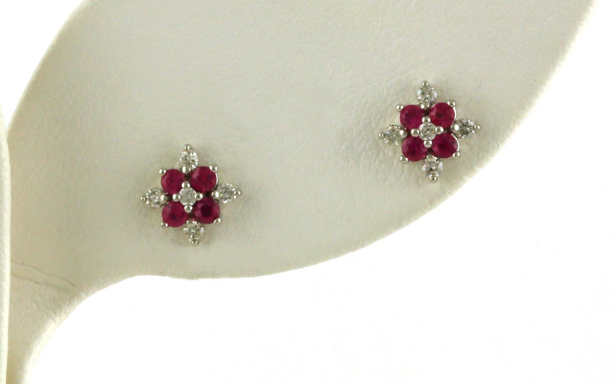 Floral Cluster Diamond & Ruby Earrings in White Gold (0.40cts TWT)