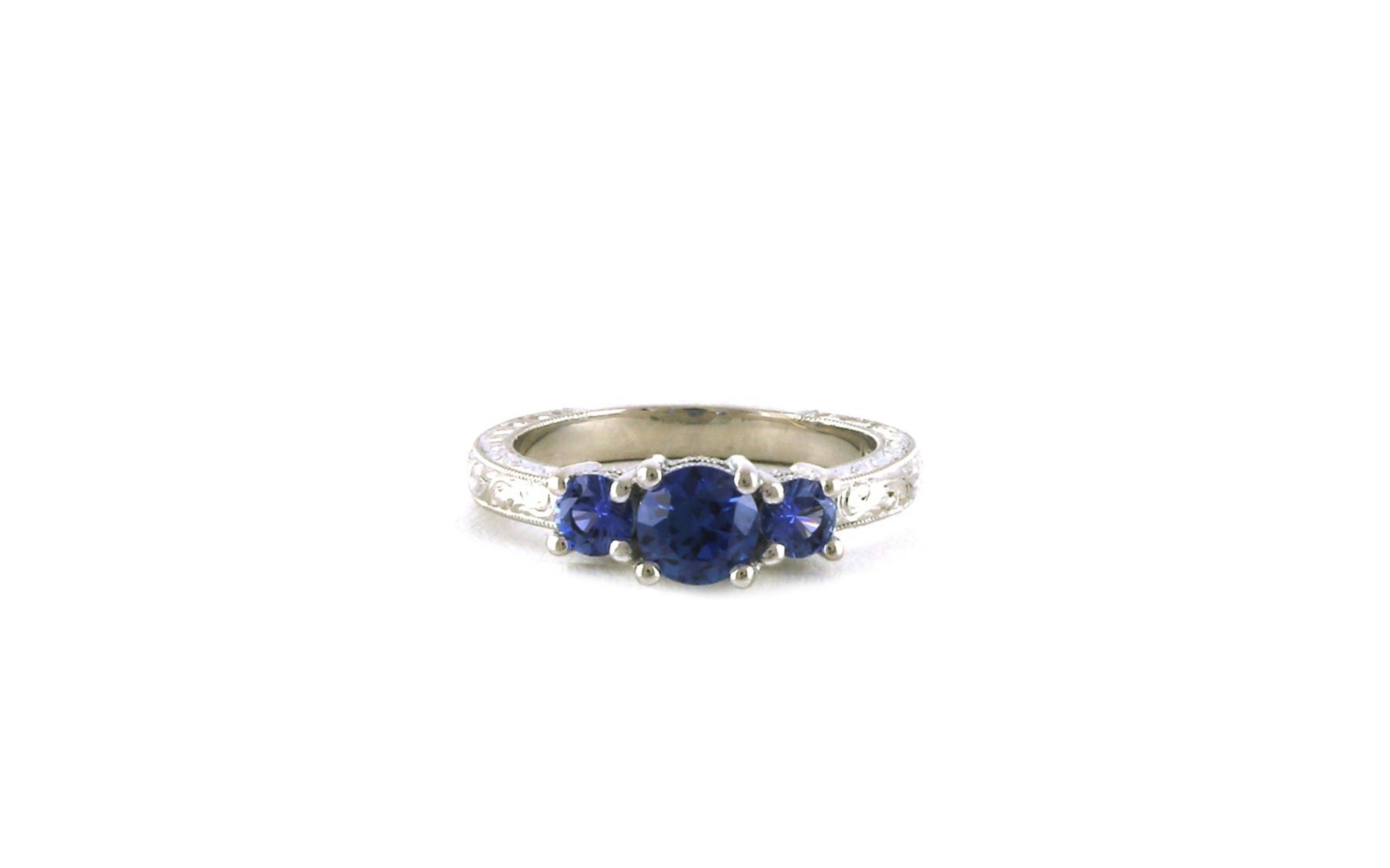 3-Stone Montana Yogo Sapphire Ring with Hand Engraved Details in Platinum (1.23cts TWT)