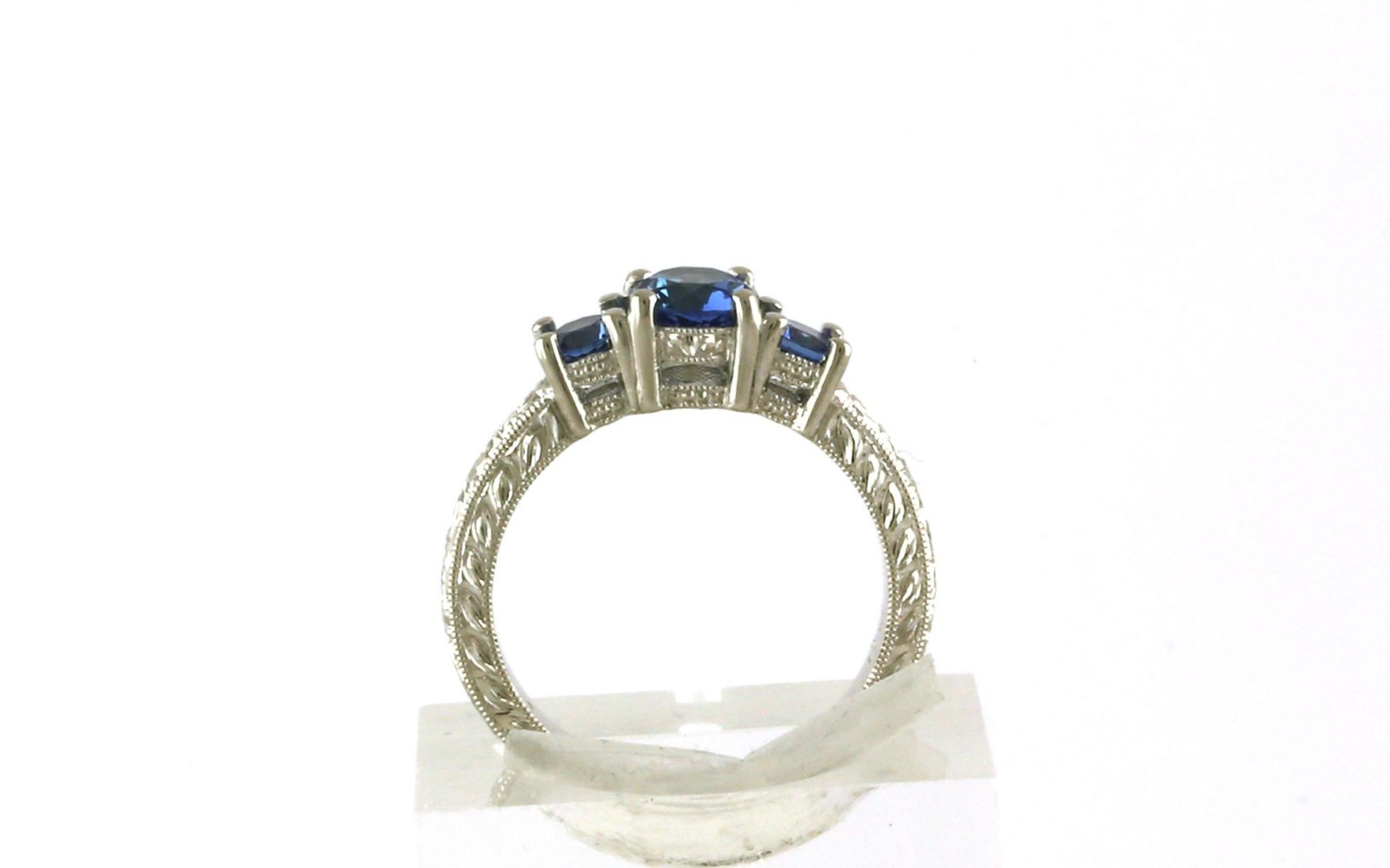 3-Stone Montana Yogo Sapphire Ring with Hand Engraved Details in Platinum (1.23cts TWT) side