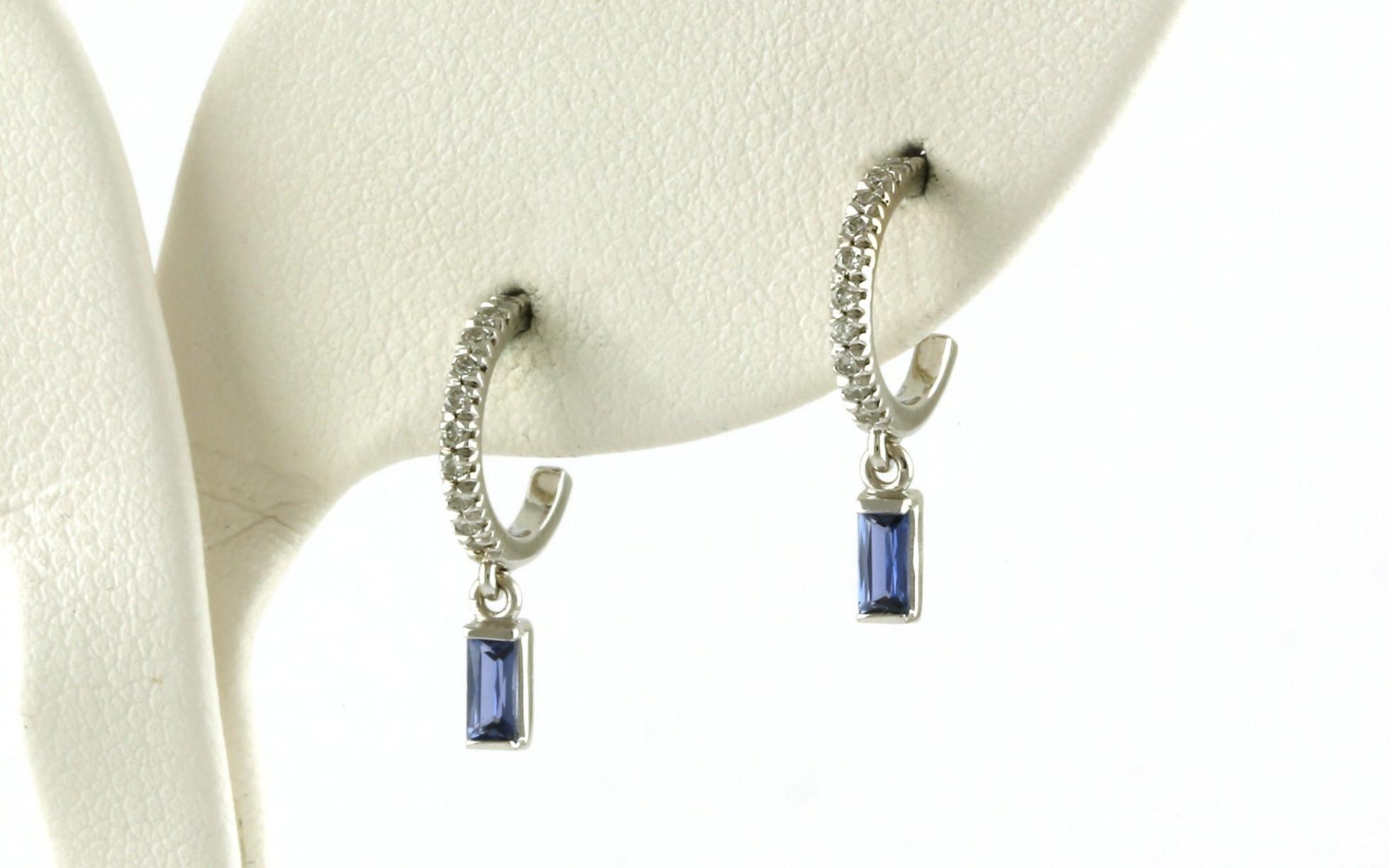 Baguette-cut Montana Yogo Sapphire Dangle and Diamond Hoop Earring in White Gold (0.32cts TWT)