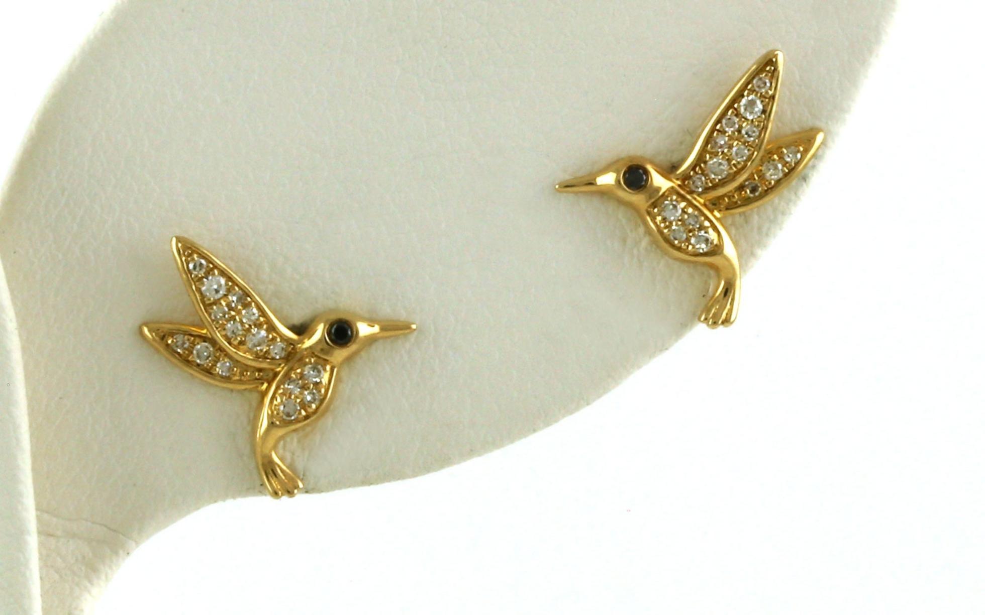 Hummingbird Diamond Earrings with Black Diamond Eyes in Yellow Gold (0.10cts TWT)