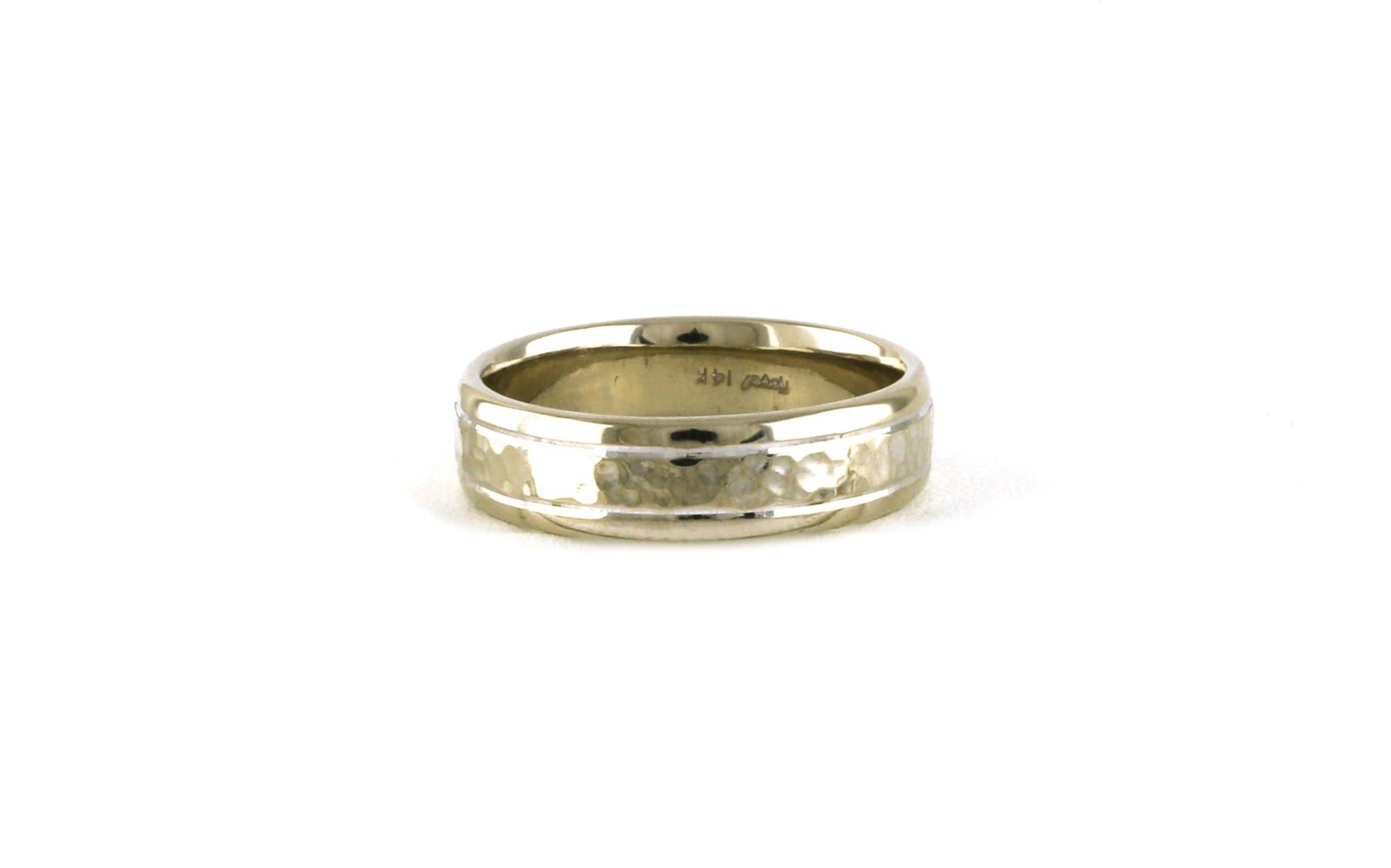 Estate Piece: Grooved Half Round Light Comfort Fit Men's Wedding Band with Hammered and Polished Finish in White Gold