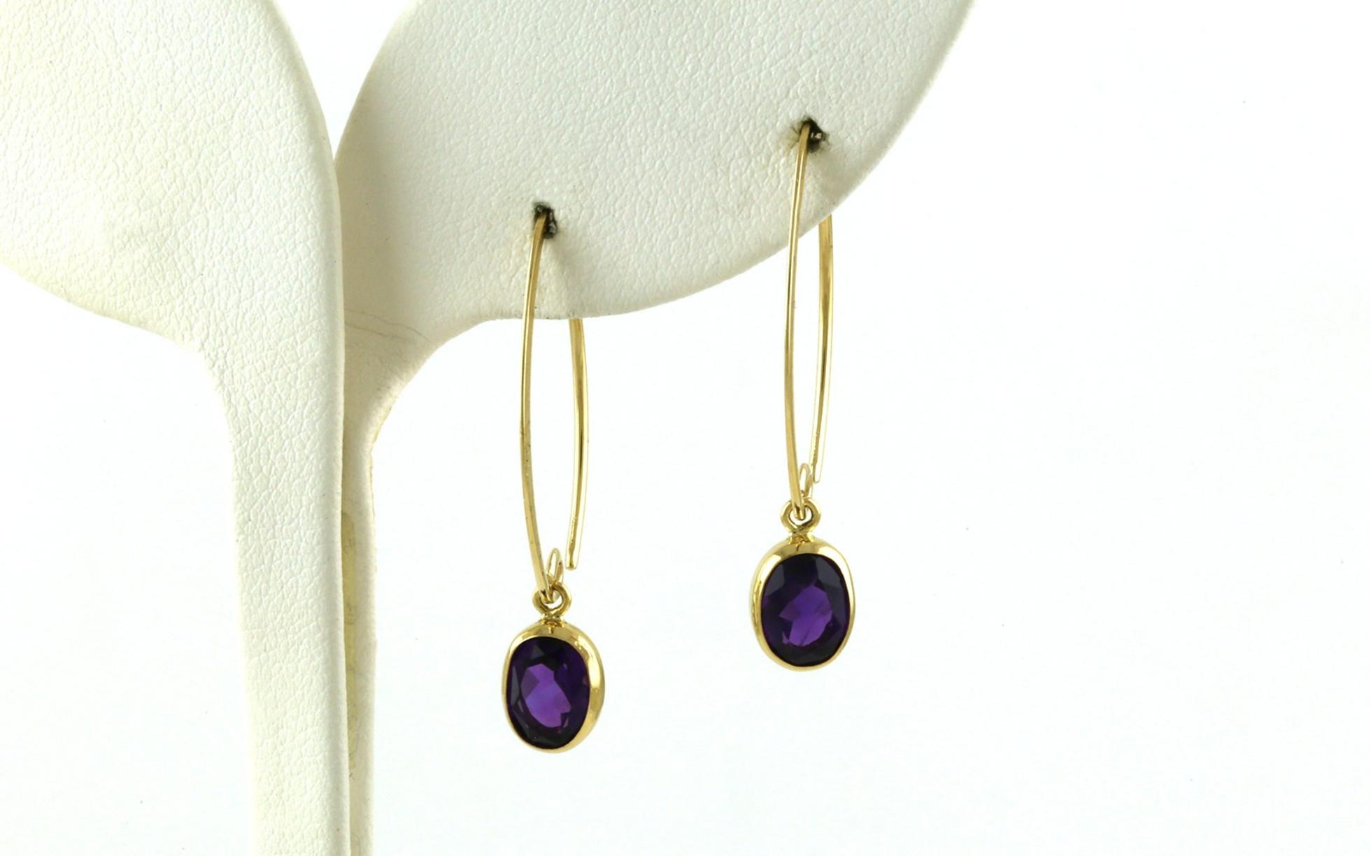 Bezel-set Oval-cut Amethyst Sweep-style Dangle Earrings in Yellow Gold