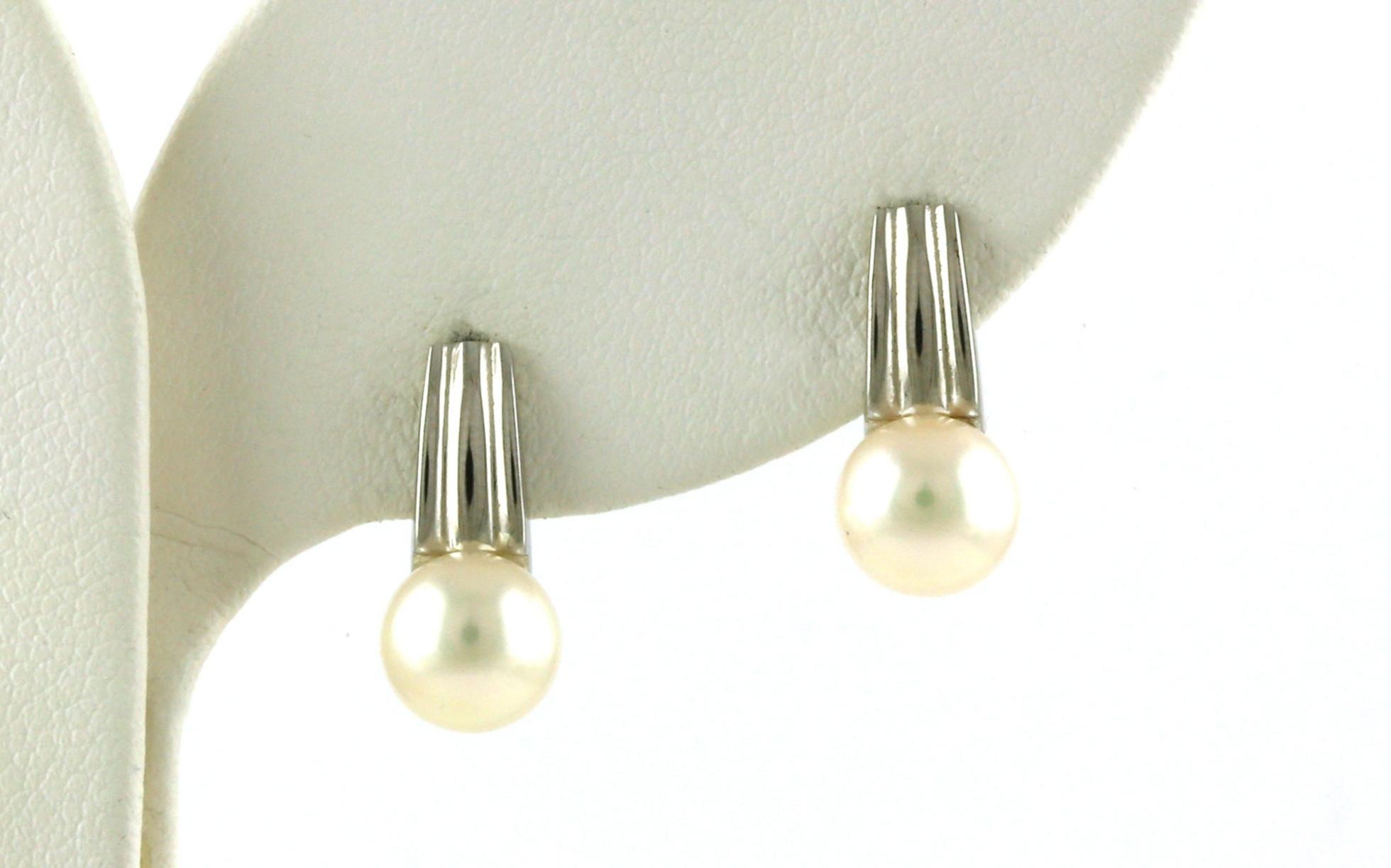 Drop-style Pearl Earrings with Grooved Top Detail in Sterling Silver