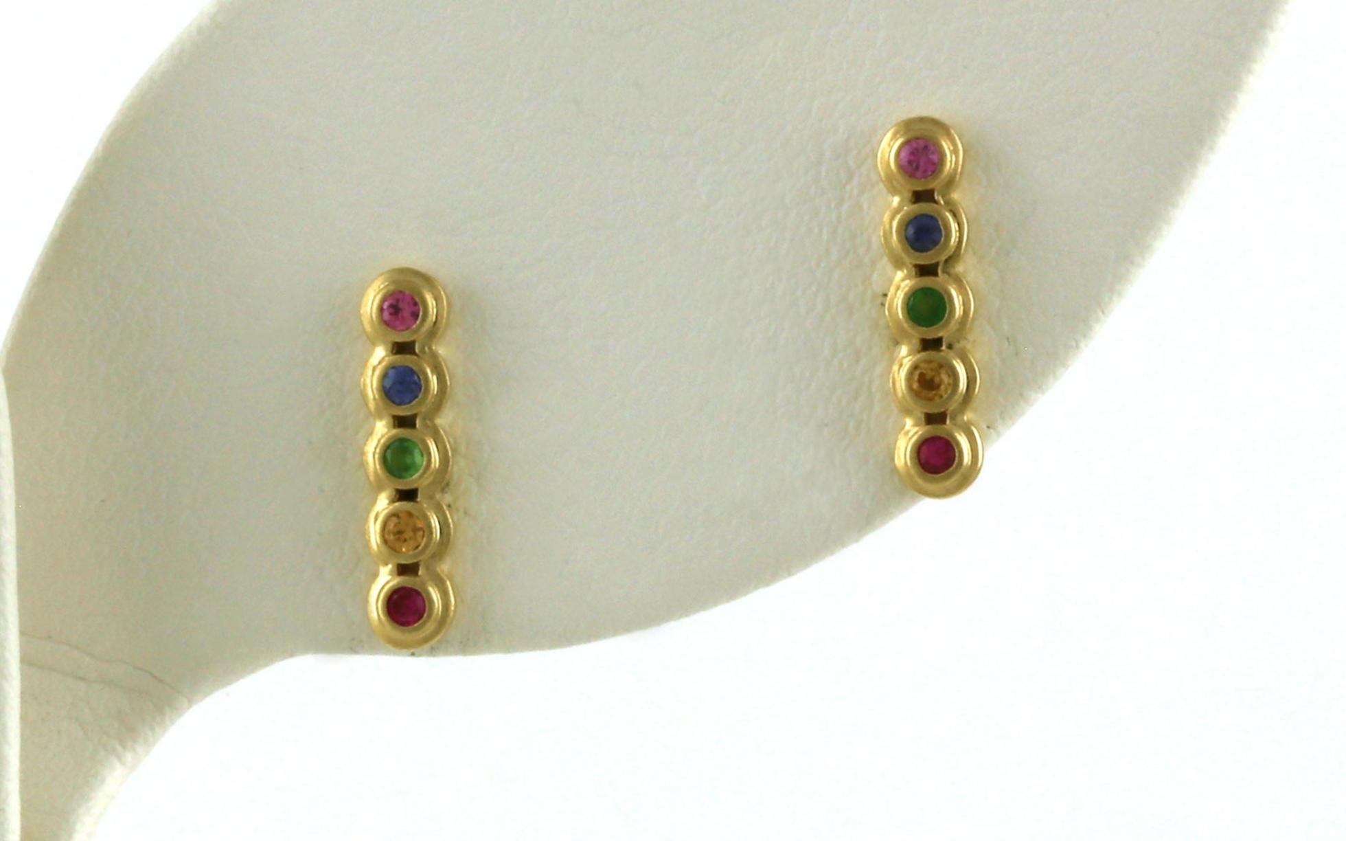 5-Stone Bezel-set Rainbow Colored Sapphire Vertical Bar Earrings in Yellow Gold (0.14cts TWT)