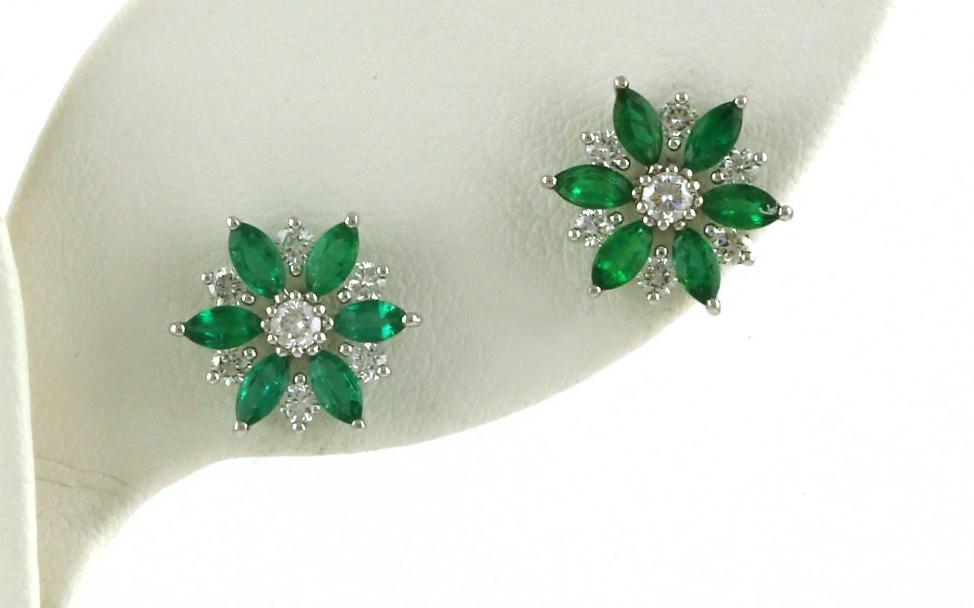 Flower Cluster Marquise-cut Emerald and Diamond Stud Earrings in White Gold (1.19cts TWT)