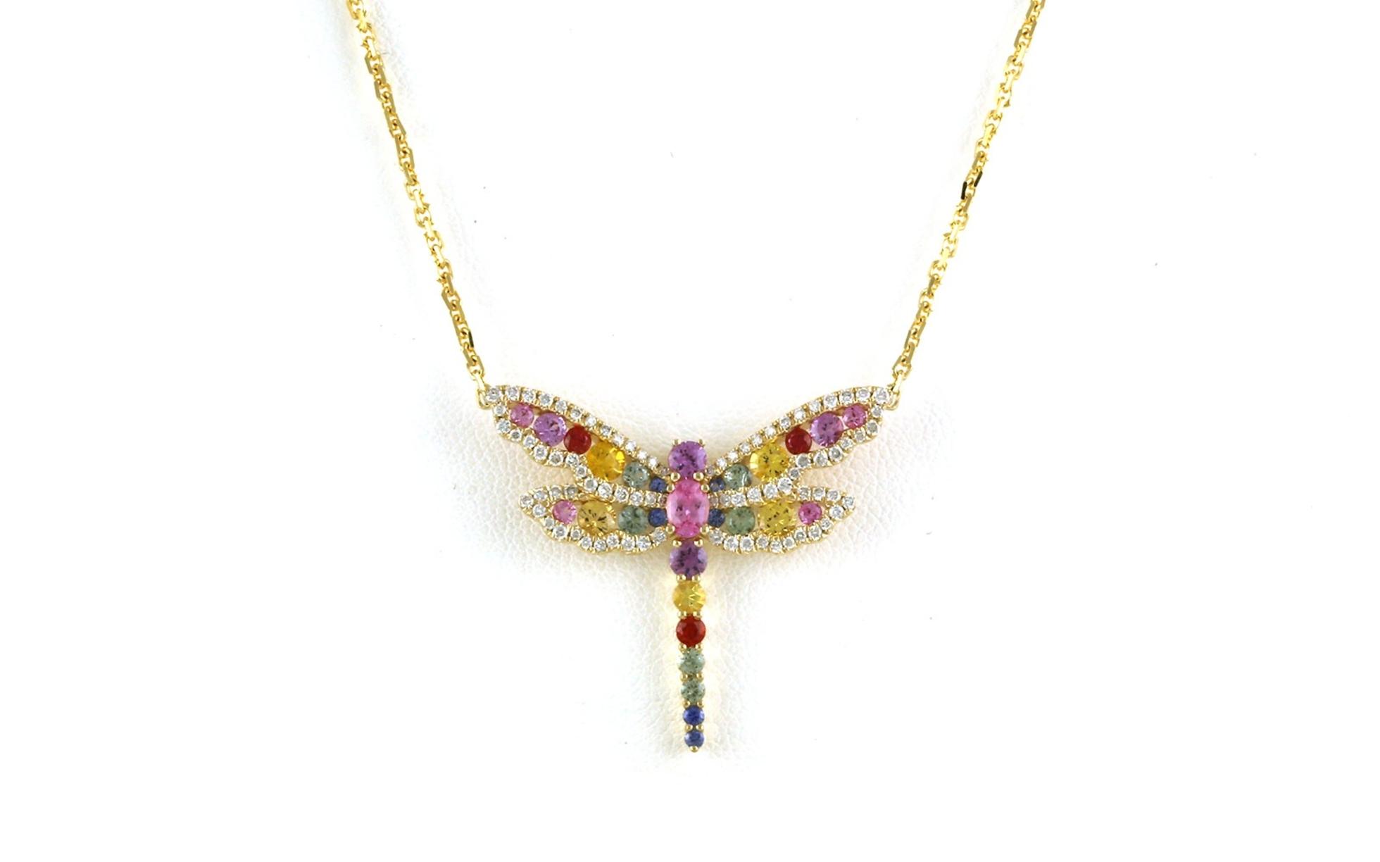 Dragonfly Rainbow Colored Sapphire and Diamond Necklace in Yellow Gold (1.87cts TWT)