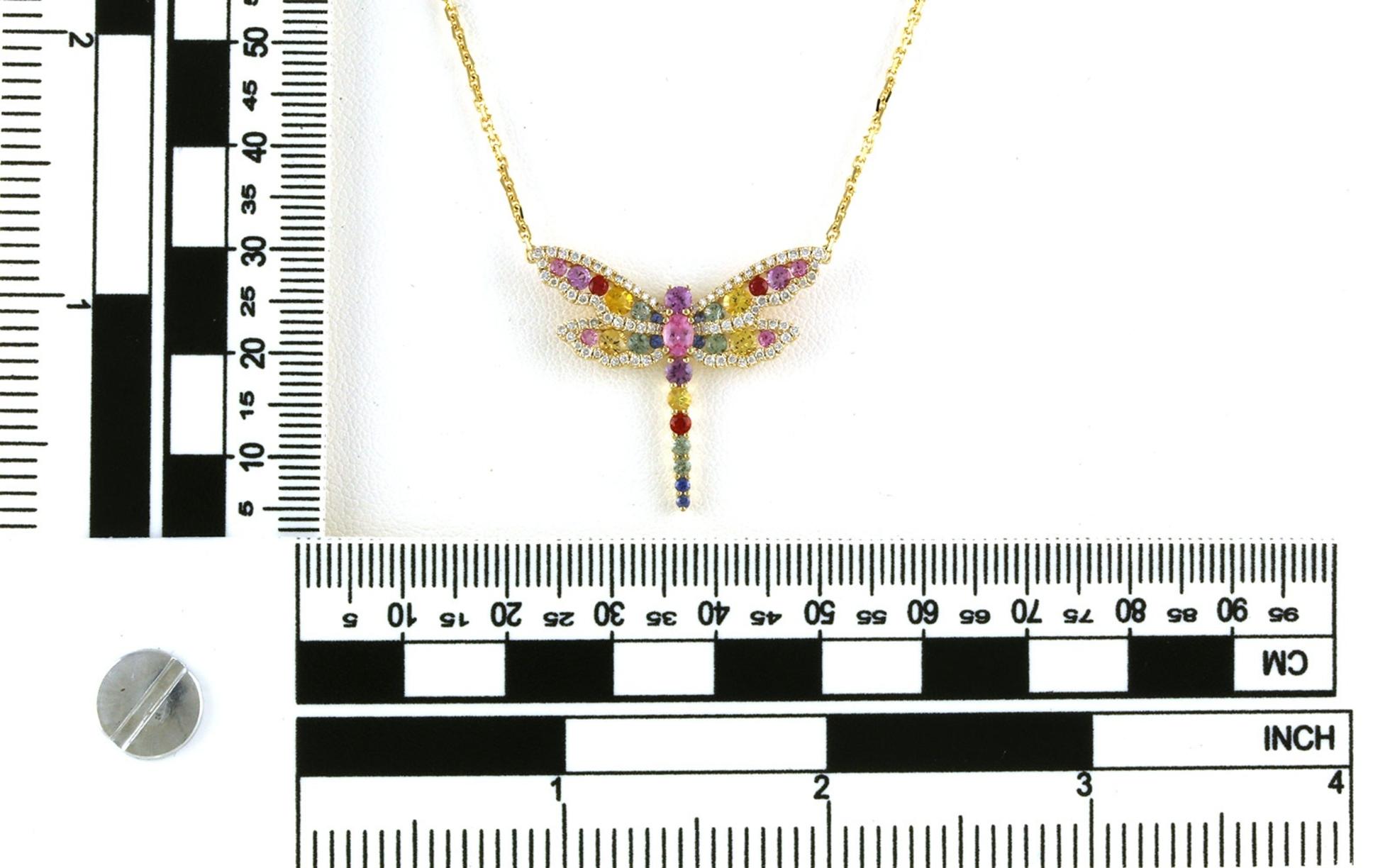 Dragonfly Rainbow Colored Sapphire and Diamond Necklace in Yellow Gold (1.87cts TWT) scale