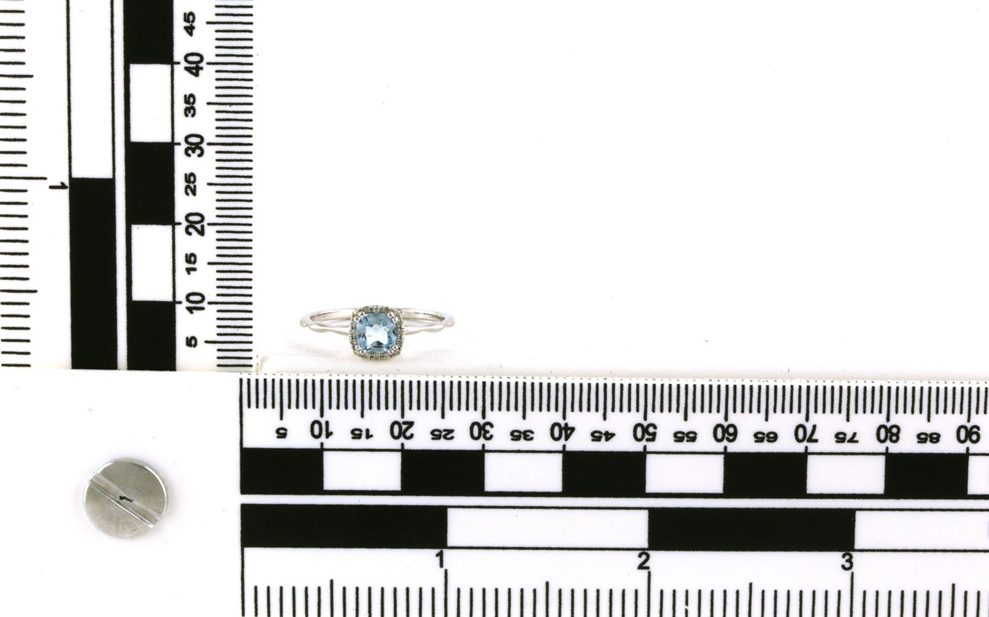 Cushion Halo Blue Topaz and Diamond Ring in White Gold (0.72cts TWT) scale