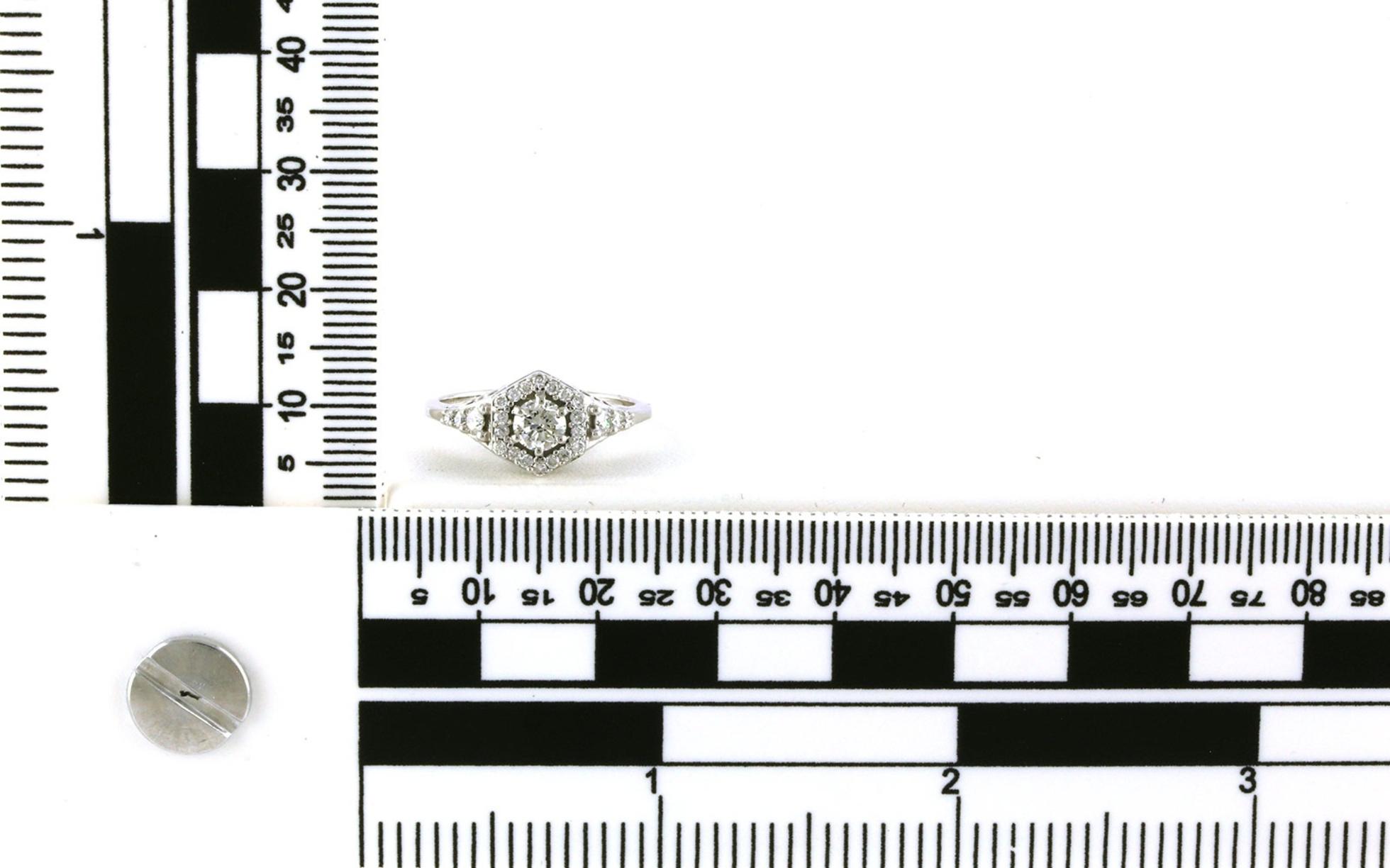 Estate Piece: Vintage-style Hexagon Halo Diamond Ring with Filigree Details in White Gold (0.63cts TWT) scale