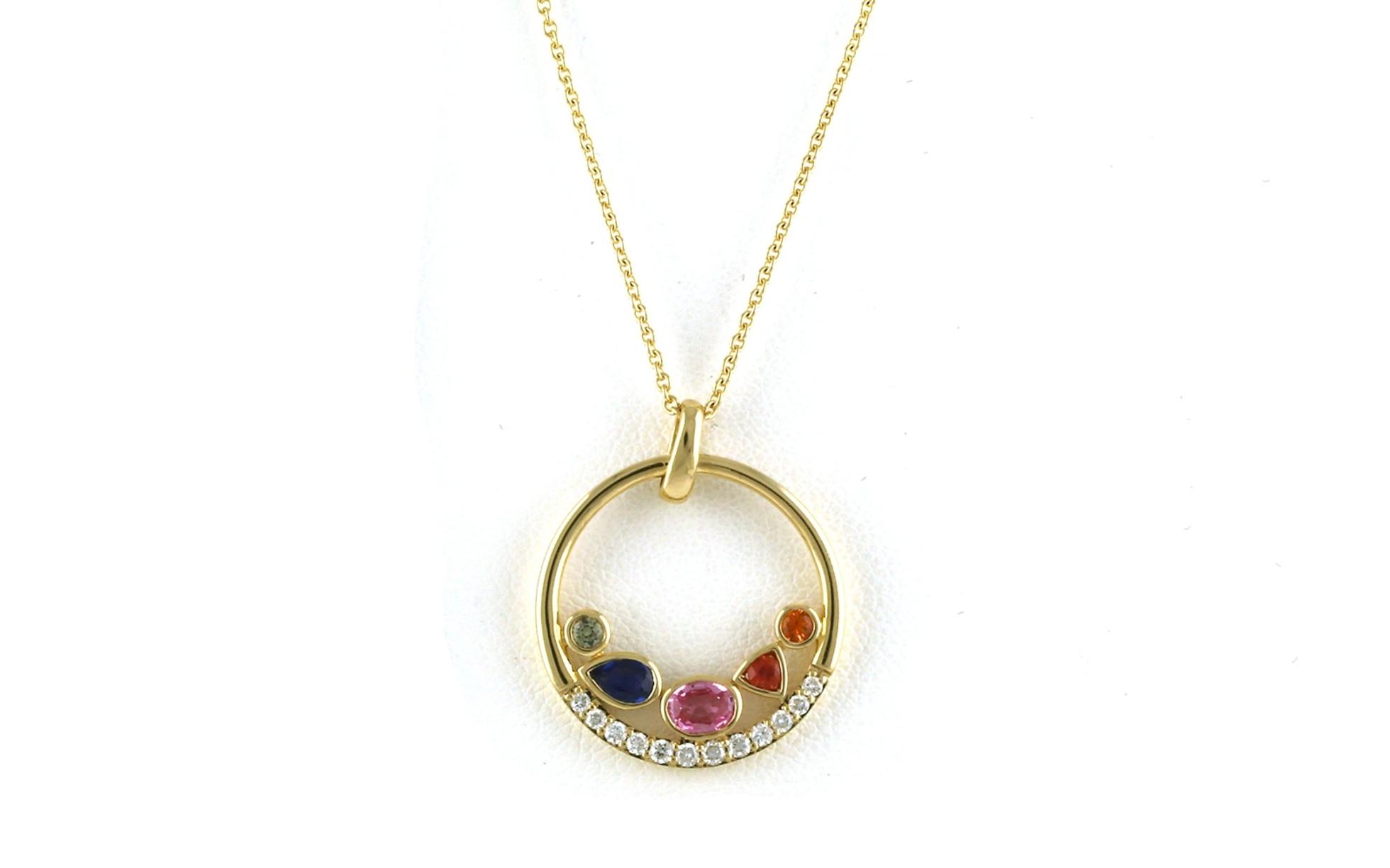 Circle Bezel-set Rainbow Colored Sapphire Cluster Necklace with Diamond Accents in Yellow Gold (0.62cts TWT)