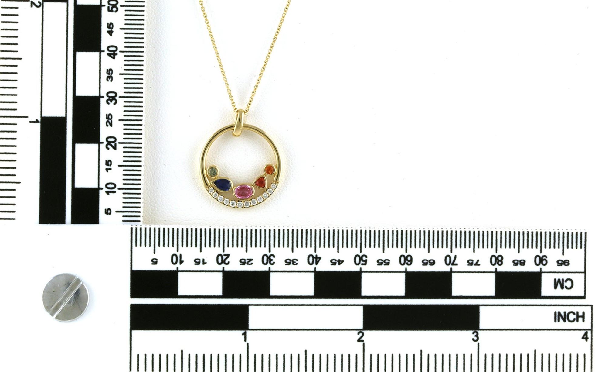 Circle Bezel-set Rainbow Colored Sapphire Cluster Necklace with Diamond Accents in Yellow Gold (0.62cts TWT) scale