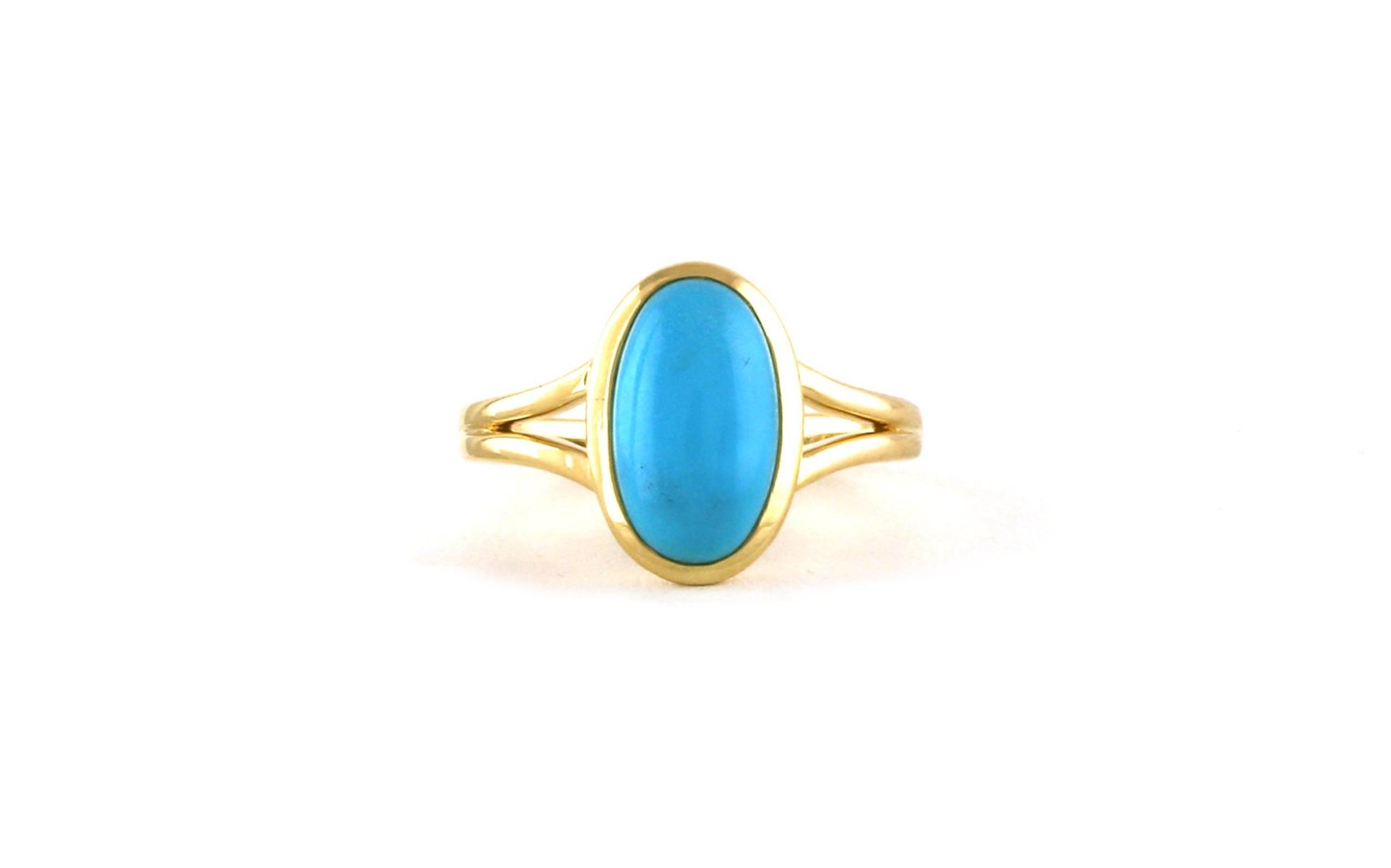 Bezel-set Oval Cabochon Turquoise Rings with Split Shank in Yellow Gold 