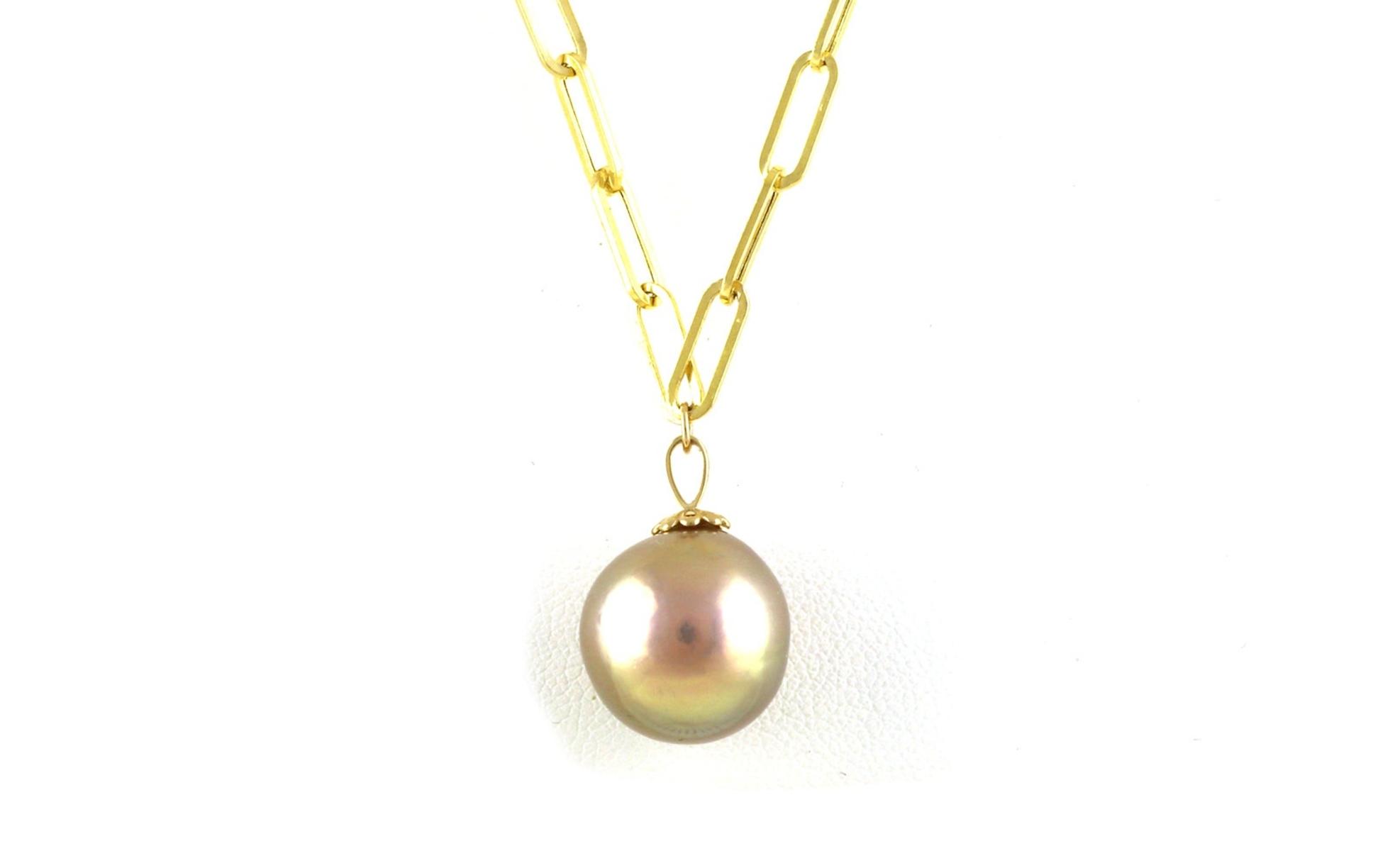 Solitaire Fresh Water Pink Pearl with a Paperclip Chain in Yellow Gold (14.00mm)