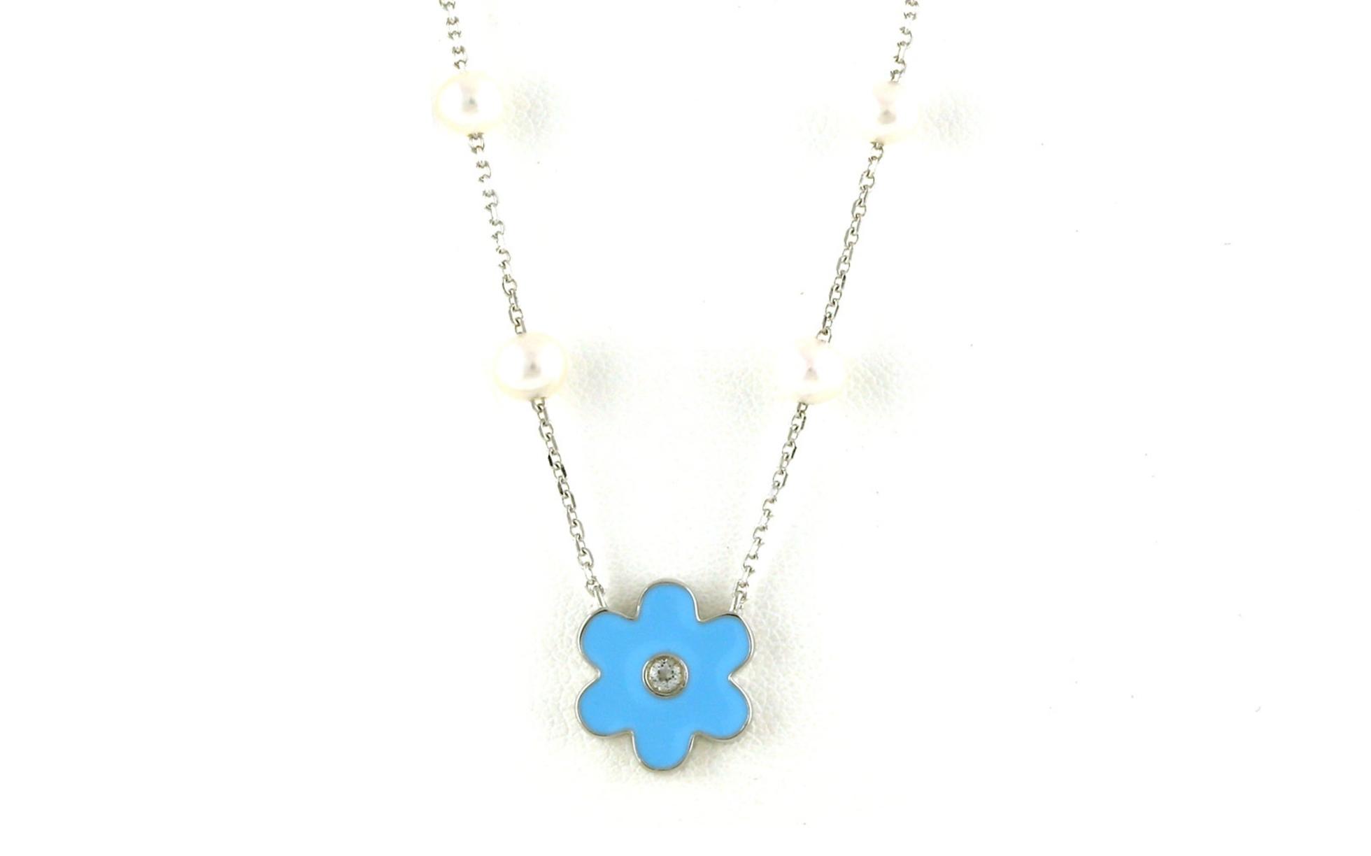 Blue Flower Pendent with 12 Fresh Water Pearls in Sterling Silver (4.00-4.50mm)