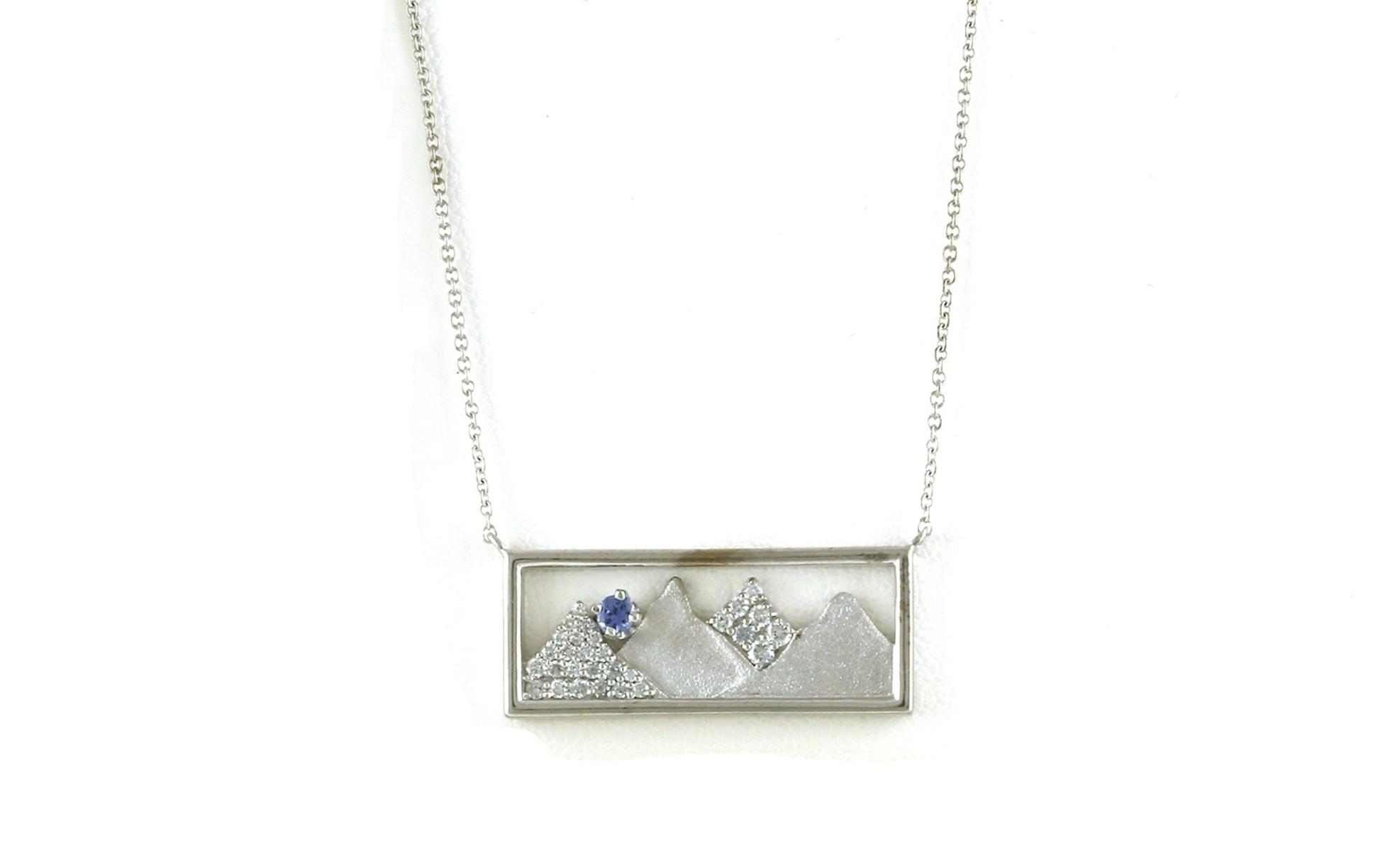 Rectangular Mountain Montana Yogo Sapphire and Diamond Necklace on Split Chain in White Gold (0.31cts TWT)