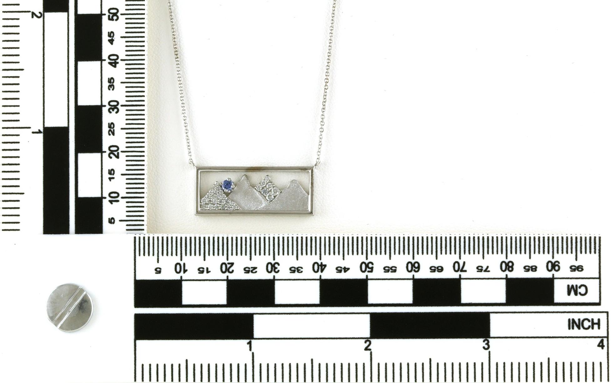 Rectangular Mountain Montana Yogo Sapphire and Diamond Necklace on Split Chain in White Gold (0.31cts TWT) scale