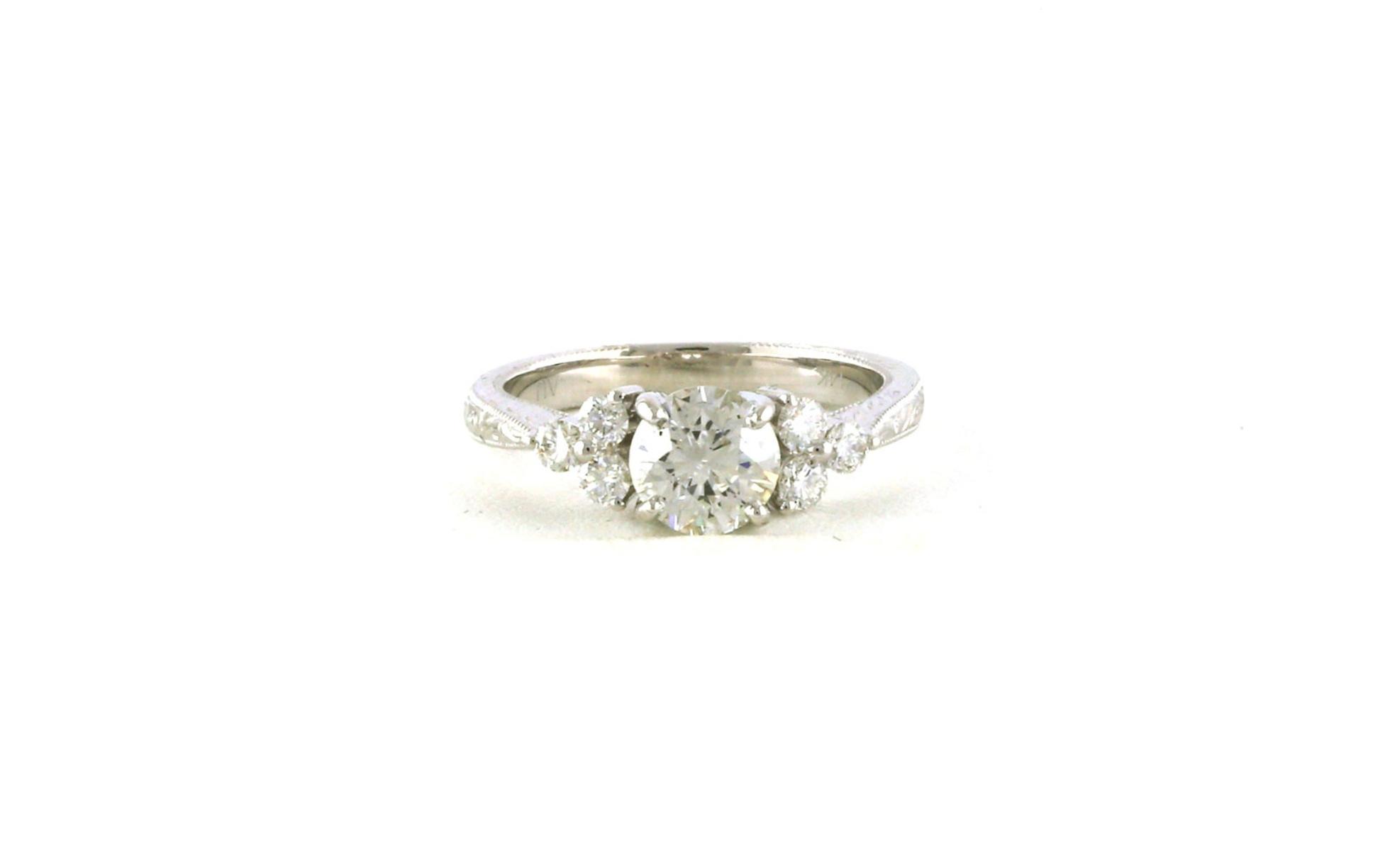 7-Stone Diamond Ring with 3-Stone Diamond Cluster on the Side and Hand Engraving in White Gold (1.02cts TWT)