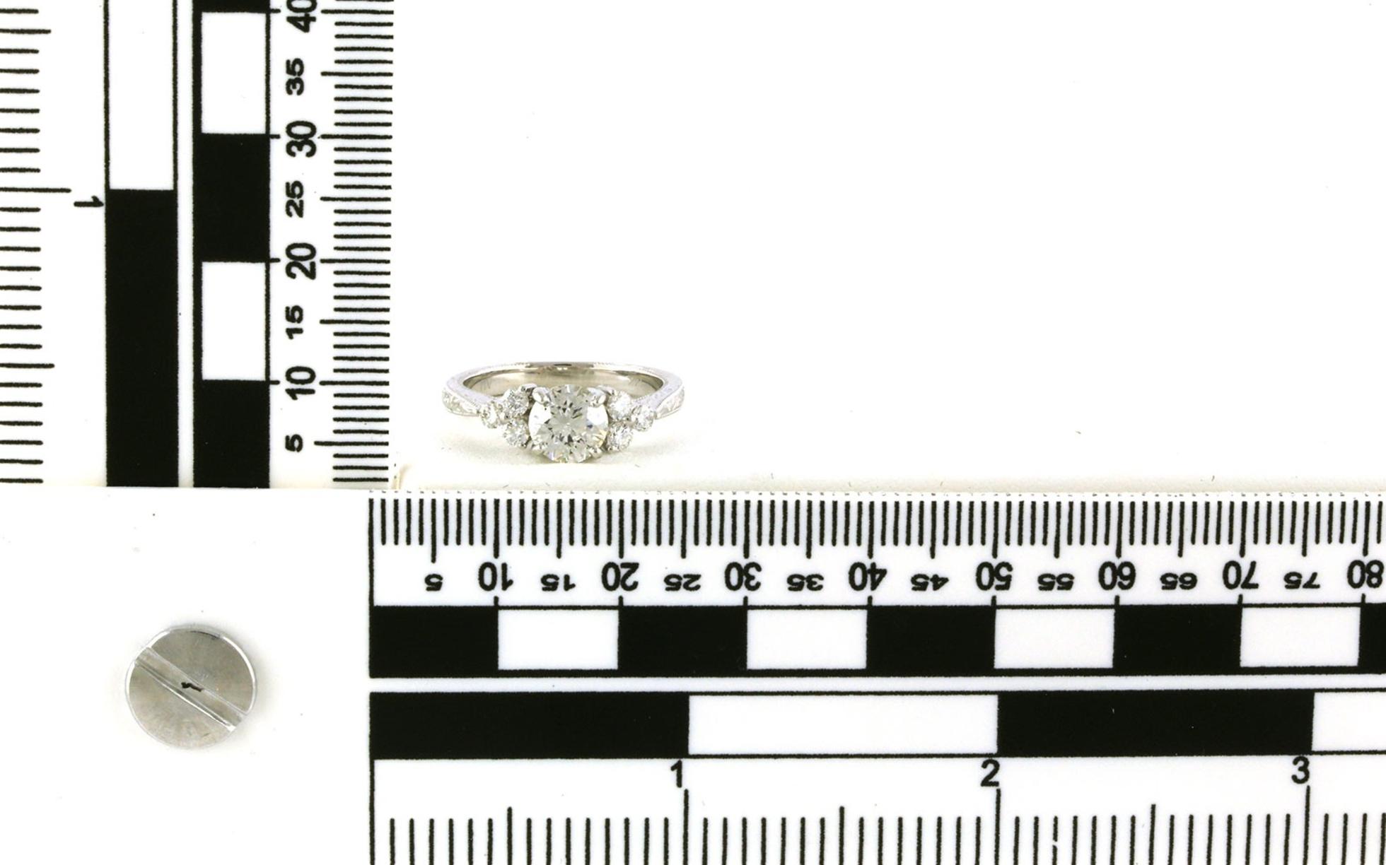 7-Stone Diamond Ring with 3-Stone Diamond Cluster on the Side and Hand Engraving in White Gold (1.02cts TWT) scale