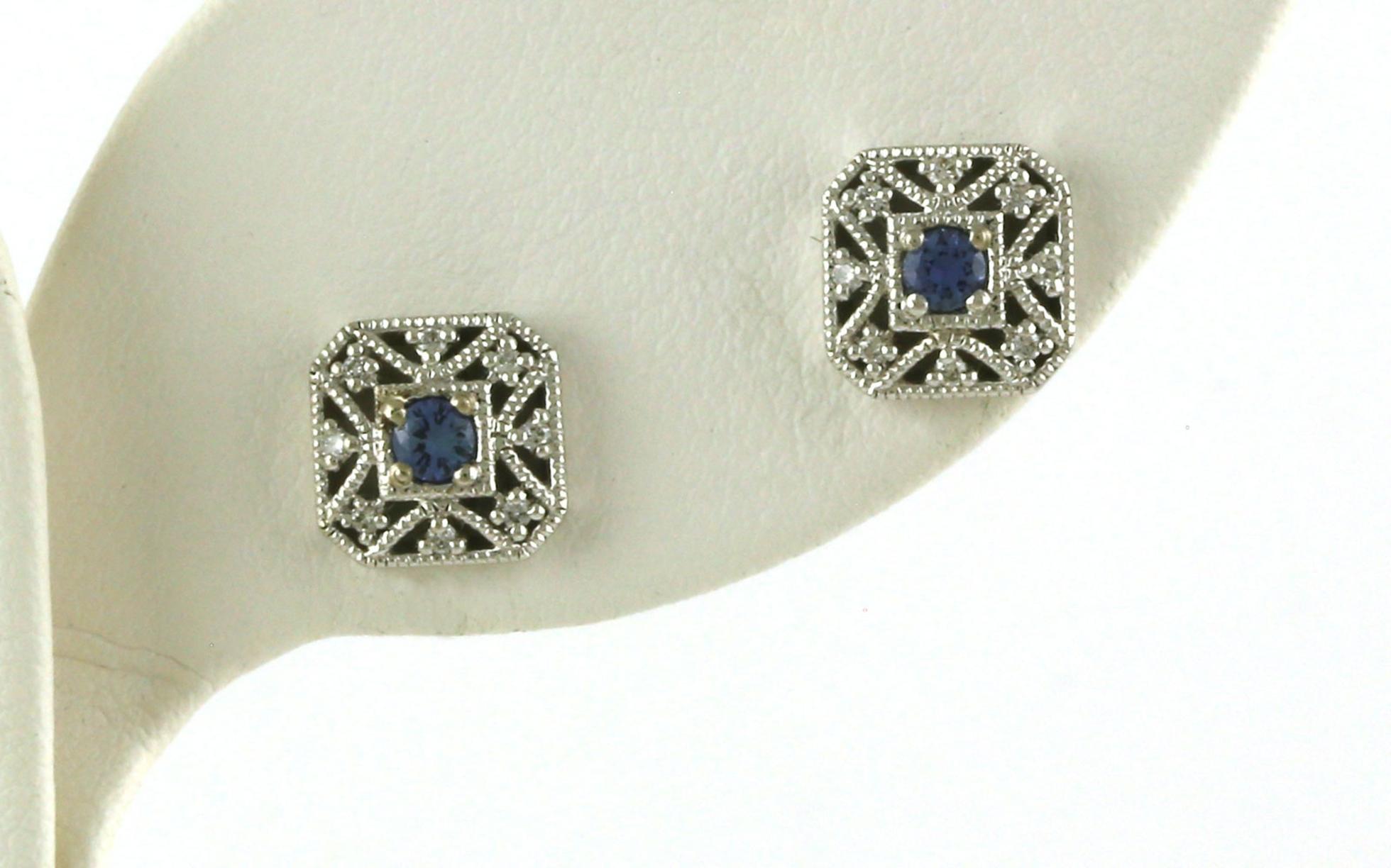 Vintage Filigree Halo-style Montana Yogo Sapphire and Diamond Stud Earrings in White Gold (0.26cts TWT)